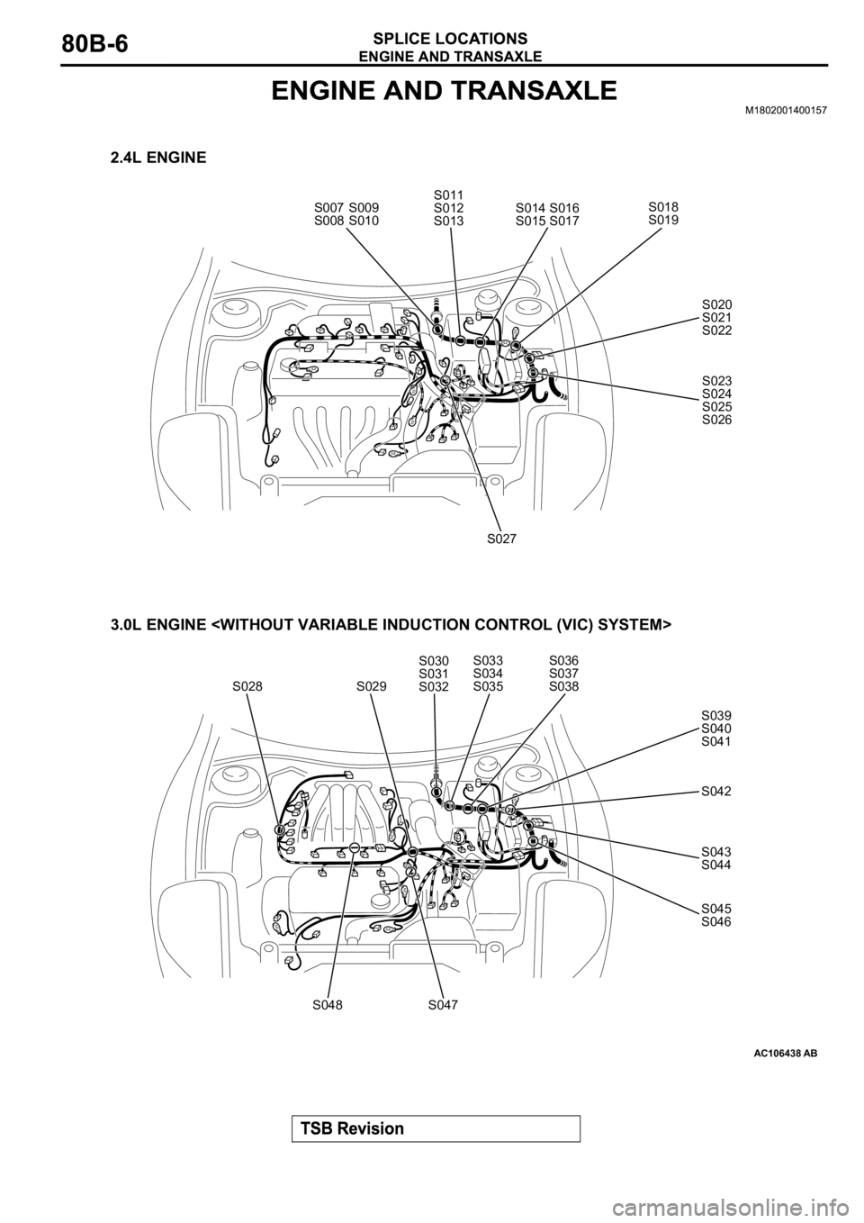 MITSUBISHI ECLIPSE 2003  Service Owners Guide AC106438AB
2.4L ENGINE
3.0L ENGINE <WITHOUT VARIABLE INDUCTION CONTROL (VIC) SYSTEM>
S007
S008S009
S010S011
S012
S013S014
S015S018
S019
S020
S021
S022
S023
S024
S025
S026
S027
S028 S029S030
S031
S032S