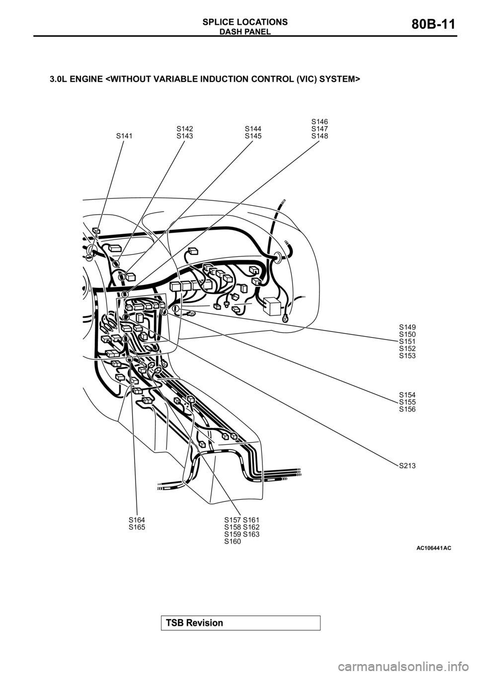 MITSUBISHI ECLIPSE 2003  Service Owners Guide AC106441AC
S141S142
S143S146
S147
S148
S149
S150
S151
S152
S153
S154
S155
S156
S213
S164
S165
3.0L ENGINE <WITHOUT VARIABLE INDUCTION CONTROL (VIC) SYSTEM>
S144
S145
S157 S161
S158 S162
S159 S163
S160