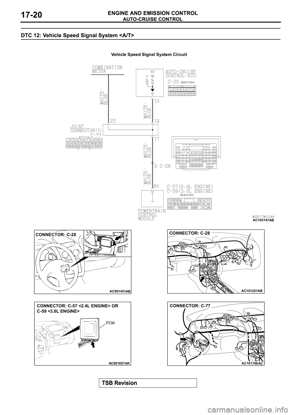 MITSUBISHI ECLIPSE 2003 Service Service Manual AC103147
Vehicle Speed Signal System Circuit
AB
AC001451
CONNECTOR: C-20
ABAC101201AB
CONNECTOR: C-28
AC001657
CONNECTOR: C-57 <2.4L ENGINE> OR
C-59 <3.0L ENGINE>
AK
PCM
AC101196
AC
CONNECTOR: C-77 MITSUBISHI ECLIPSE 2003 Service Service Manual AC103147
Vehicle Speed Signal System Circuit
AB
AC001451
CONNECTOR: C-20
ABAC101201AB
CONNECTOR: C-28
AC001657
CONNECTOR: C-57 <2.4L ENGINE> OR
C-59 <3.0L ENGINE>
AK
PCM
AC101196
AC
CONNECTOR: C-77