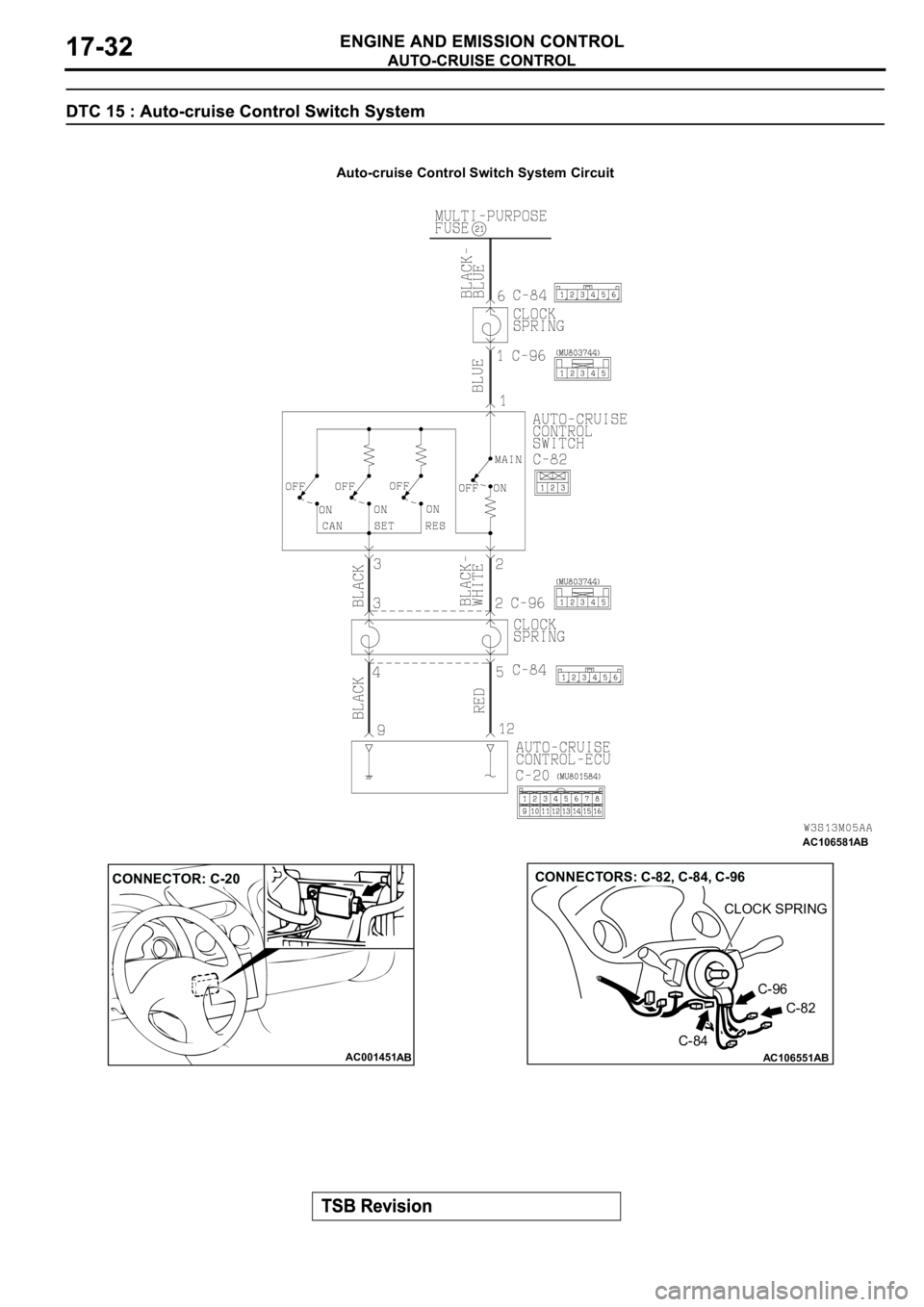 MITSUBISHI ECLIPSE 2003 Service Repair Manual AC106581
Auto-cruise Control Switch System Circuit
AB
AC001451
CONNECTOR: C-20
ABAC106551AB
CONNECTORS: C-82, C-84, C-96
C-96
C-84
C-82
CLOCK SPRING MITSUBISHI ECLIPSE 2003 Service Repair Manual AC106581
Auto-cruise Control Switch System Circuit
AB
AC001451
CONNECTOR: C-20
ABAC106551AB
CONNECTORS: C-82, C-84, C-96
C-96
C-84
C-82
CLOCK SPRING