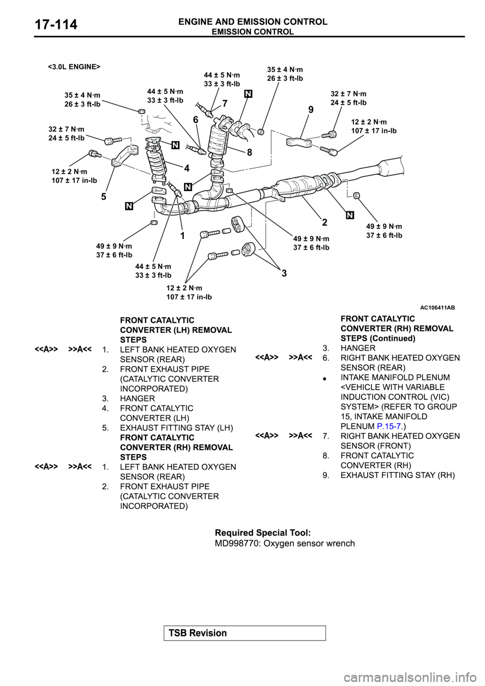 MITSUBISHI ECLIPSE 2003 Service Workshop Manual AC106411
N
N
N
N
12
3 4
567
89
<3.0L ENGINE>
44 ± 5 Nꞏm
33 ± 3 ft-lb
44 ± 5 Nꞏm
33 ± 3 ft-lb
49 ± 9 Nꞏm
37 ± 6 ft-lb 49 ± 9 Nꞏm
37 ± 6 ft-lb 32 ± 7 Nꞏm
24 ± 5 ft-lb MITSUBISHI ECLIPSE 2003 Service Workshop Manual AC106411
N
N
N
N
12
3 4
567
89
<3.0L ENGINE>
44 ± 5 Nꞏm
33 ± 3 ft-lb
44 ± 5 Nꞏm
33 ± 3 ft-lb
49 ± 9 Nꞏm
37 ± 6 ft-lb 49 ± 9 Nꞏm
37 ± 6 ft-lb 32 ± 7 Nꞏm
24 ± 5 ft-lb