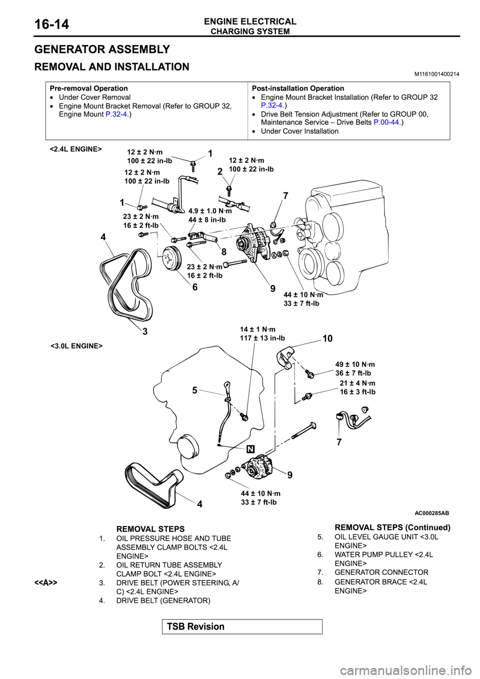 MITSUBISHI ECLIPSE 2003 Service Workshop Manual AC000285
1
2
1
4
368
912 ± 2 Nꞏm
100 ± 22 in-lb
12 ± 2 Nꞏm
100 ± 22 in-lb12 ± 2 Nꞏm
100 ± 22 in-lb
4.9 ± 1.0 Nꞏm
44 ± 8 in-lb 23 ± 2 Nꞏm
16 ± 2 ft-lb
23 ± 2 Nꞏm
16 ± 2 ft-lb
44 MITSUBISHI ECLIPSE 2003 Service Workshop Manual AC000285
1
2
1
4
368
912 ± 2 Nꞏm
100 ± 22 in-lb
12 ± 2 Nꞏm
100 ± 22 in-lb12 ± 2 Nꞏm
100 ± 22 in-lb
4.9 ± 1.0 Nꞏm
44 ± 8 in-lb 23 ± 2 Nꞏm
16 ± 2 ft-lb
23 ± 2 Nꞏm
16 ± 2 ft-lb
44