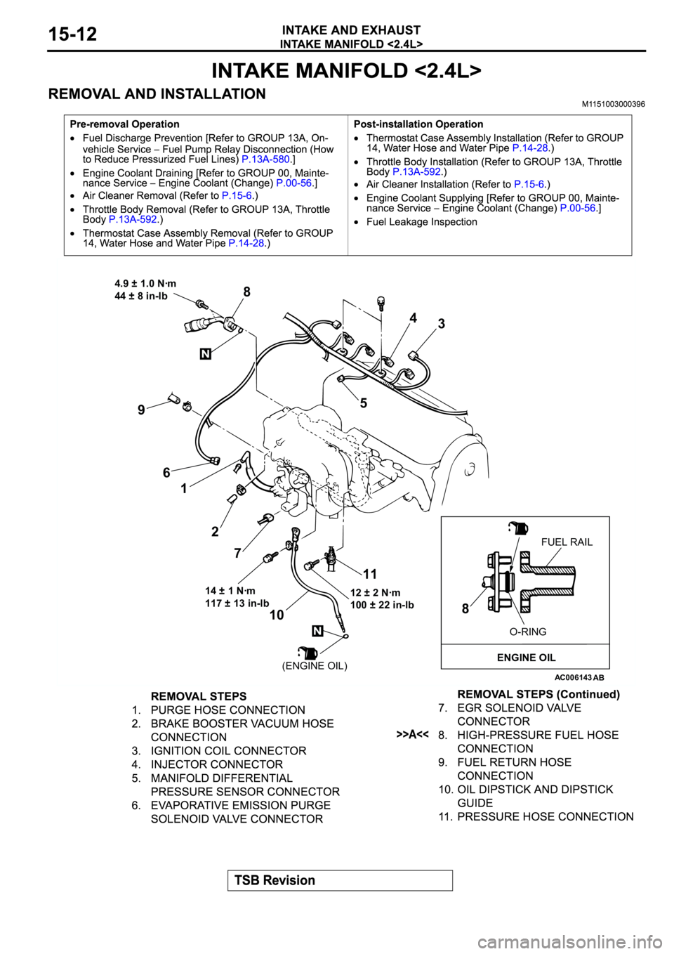 MITSUBISHI ECLIPSE 2003  Service Repair Manual AC006143AB
ENGINE OIL
O-RINGFUEL RAIL
8 9
6
1
2
7
1011 5
8
4
34.9 ± 1.0 Nꞏm
44 ± 8 in-lb
12 ± 2 Nꞏm
100 ± 22 in-lb 14 ± 1 Nꞏm
117 ± 13 in-lb
(ENGINE OIL)
N
N 