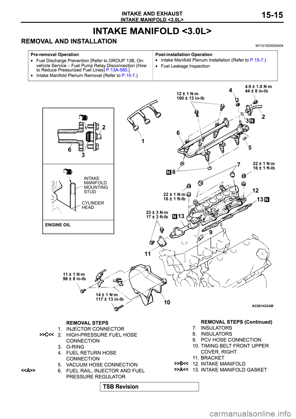 MITSUBISHI ECLIPSE 2003 Service Manual PDF AC001432AB
2
6
316
12 ± 1 Nꞏm
100 ± 13 in-lb44.9 ± 1.0 Nꞏm
44 ± 8 in-lb
2
3N
N85
7
22 ± 1 Nꞏm
16 ± 1 ft-lb
22 ± 1 Nꞏm
16 ± 1 ft-lb
12
N13
N1323 ± 3 Nꞏm
17 ± 3 ft-lb
119
11 ± 1 N MITSUBISHI ECLIPSE 2003 Service Manual PDF AC001432AB
2
6
316
12 ± 1 Nꞏm
100 ± 13 in-lb44.9 ± 1.0 Nꞏm
44 ± 8 in-lb
2
3N
N85
7
22 ± 1 Nꞏm
16 ± 1 ft-lb
22 ± 1 Nꞏm
16 ± 1 ft-lb
12
N13
N1323 ± 3 Nꞏm
17 ± 3 ft-lb
119
11 ± 1 N