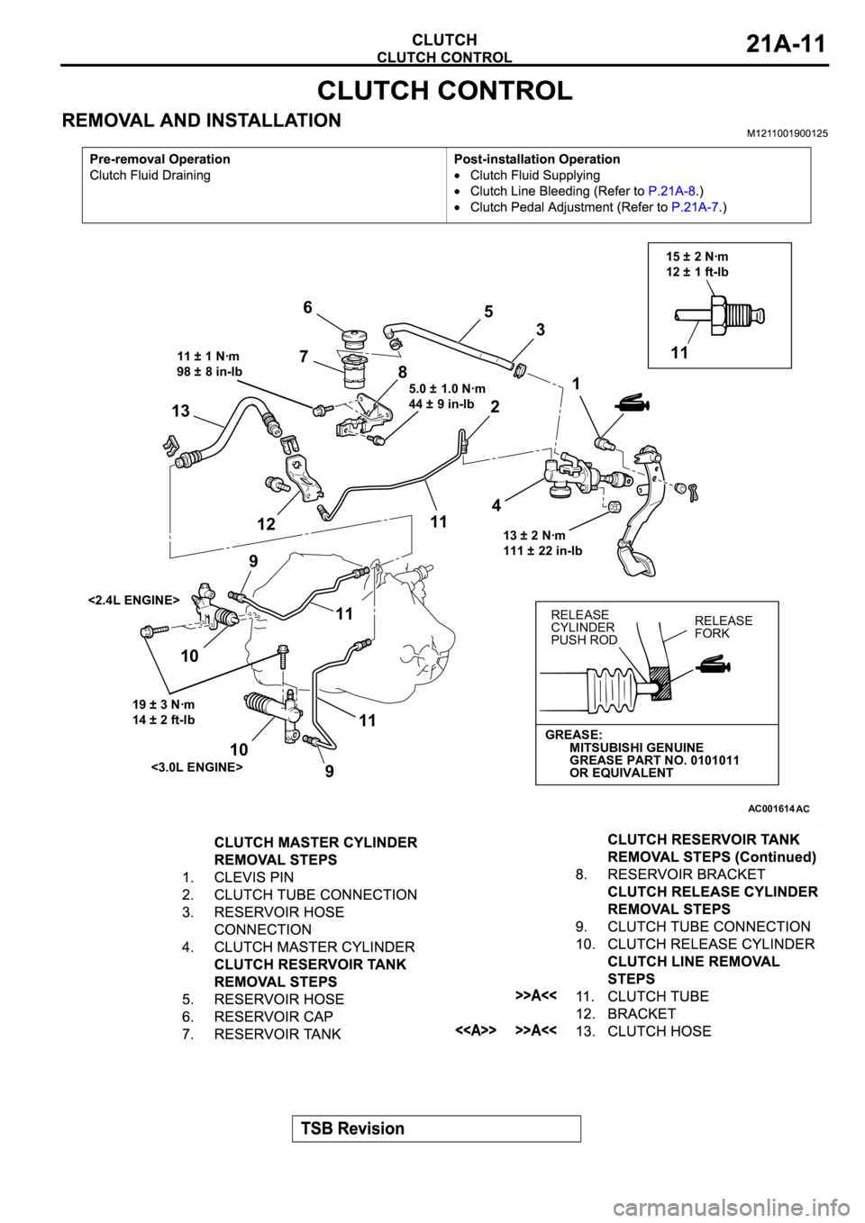 MITSUBISHI ECLIPSE 2003 Service Manual PDF AC001614
15 ± 2 Nꞏm
12 ± 1 ft-lb
11
1 3 5
4 6
7
8
5.0 ± 1.0 Nꞏm
44 ± 9 in-lb
2
13
1211
<2.4L ENGINE>
9
10
19 ± 3 Nꞏm
14 ± 2 ft-lb
10
<3.0L ENGINE>911 11
RELEASE
CYLINDER
PUSH RODRELEASE
FO MITSUBISHI ECLIPSE 2003 Service Manual PDF AC001614
15 ± 2 Nꞏm
12 ± 1 ft-lb
11
1 3 5
4 6
7
8
5.0 ± 1.0 Nꞏm
44 ± 9 in-lb
2
13
1211
<2.4L ENGINE>
9
10
19 ± 3 Nꞏm
14 ± 2 ft-lb
10
<3.0L ENGINE>911 11
RELEASE
CYLINDER
PUSH RODRELEASE
FO