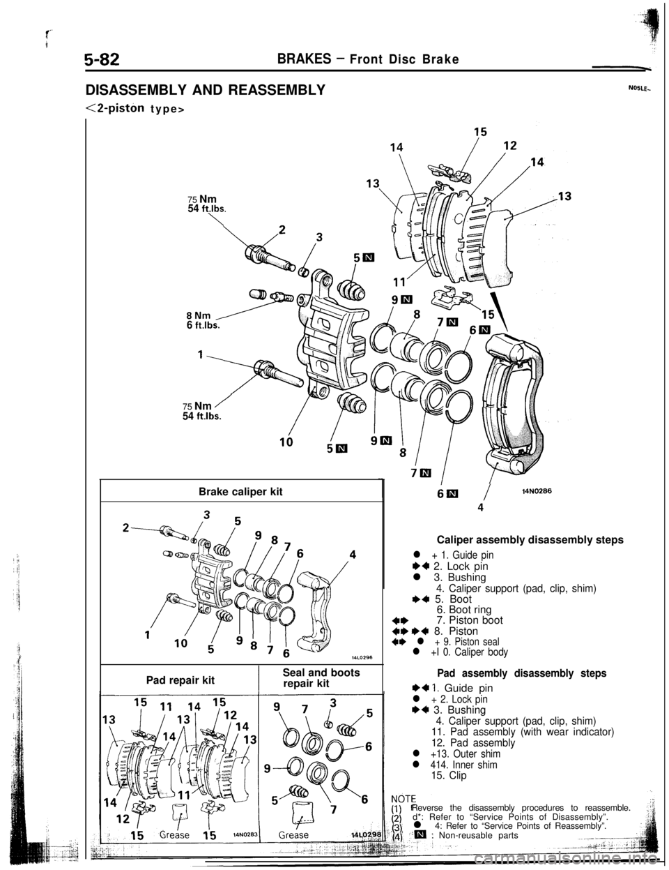 MITSUBISHI ECLIPSE 1993 User Guide 5-82BRAKES - Front Disc BrakeDISASSEMBLY AND REASSEMBLY
<2-piston type>
NOBLE..75 Nm
54 ft.lbs.
\
8Nm/6 ft.lbs.75 Nm
/
54 ft.lbs.Brake caliper kit
Pad repair kit
ISeal and boots
repair kit
6lEl/14N026 MITSUBISHI ECLIPSE 1993 User Guide 5-82BRAKES - Front Disc BrakeDISASSEMBLY AND REASSEMBLY
<2-piston type>
NOBLE..75 Nm
54 ft.lbs.
\
8Nm/6 ft.lbs.75 Nm
/
54 ft.lbs.Brake caliper kit
Pad repair kit
ISeal and boots
repair kit
6lEl/14N026