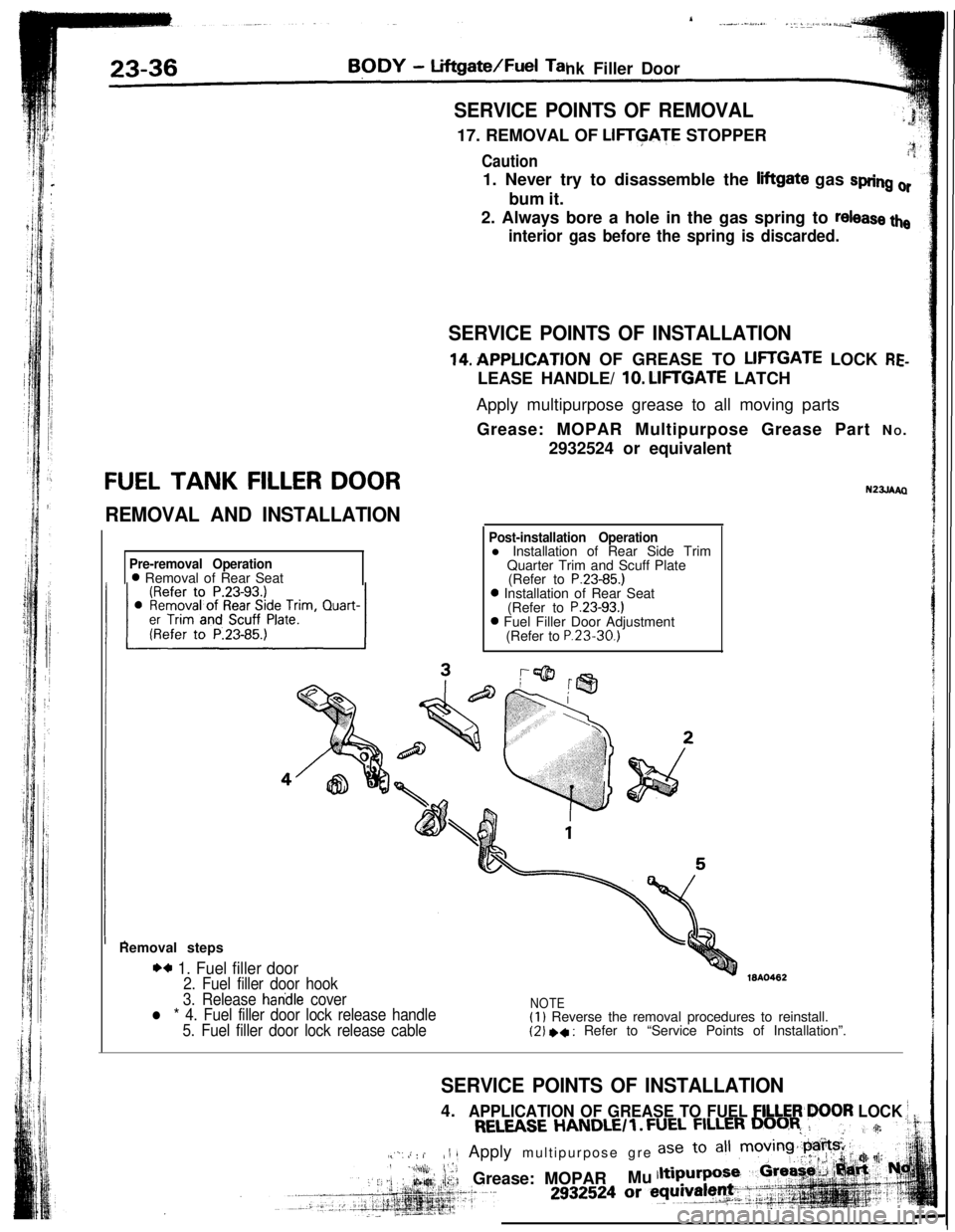 MITSUBISHI ECLIPSE 1993 Owners Guide ._-_,. -/a,_ . . ._ :-. <e_‘.- /., a”*
nkFiller Door
FUEL TANK FILLER DOOR
REMOVAL AND INSTALLATIONSERVICE POINTS OF REMOVAL17. REMOVAL OF
LIFTGATE STOPPER
Caution1. Never try to disassemble the MITSUBISHI ECLIPSE 1993 Owners Guide ._-_,. -/a,_ . . ._ :-. <e_‘.- /., a”*
nkFiller Door
FUEL TANK FILLER DOOR
REMOVAL AND INSTALLATIONSERVICE POINTS OF REMOVAL17. REMOVAL OF
LIFTGATE STOPPER
Caution1. Never try to disassemble the