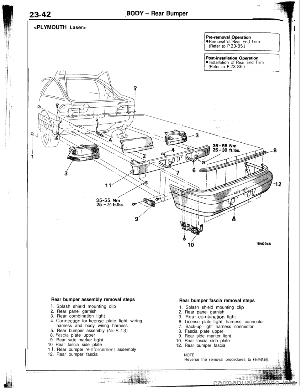MITSUBISHI ECLIPSE 1993 Workshop Manual 23-42,BODY - Rear Bumper<PLYMOUTH Laser>
35-55
Nni25 - 39 ft.lbs.
Rear bumper assembly removal steps
1. Splash shield mounting clip
2. Rear panel garnish
3. Rear combination light
4. Connectron for
MITSUBISHI ECLIPSE 1993 Workshop Manual 23-42,BODY - Rear Bumper<PLYMOUTH Laser>
35-55
Nni25 - 39 ft.lbs.
Rear bumper assembly removal steps
1. Splash shield mounting clip
2. Rear panel garnish
3. Rear combination light
4. Connectron for