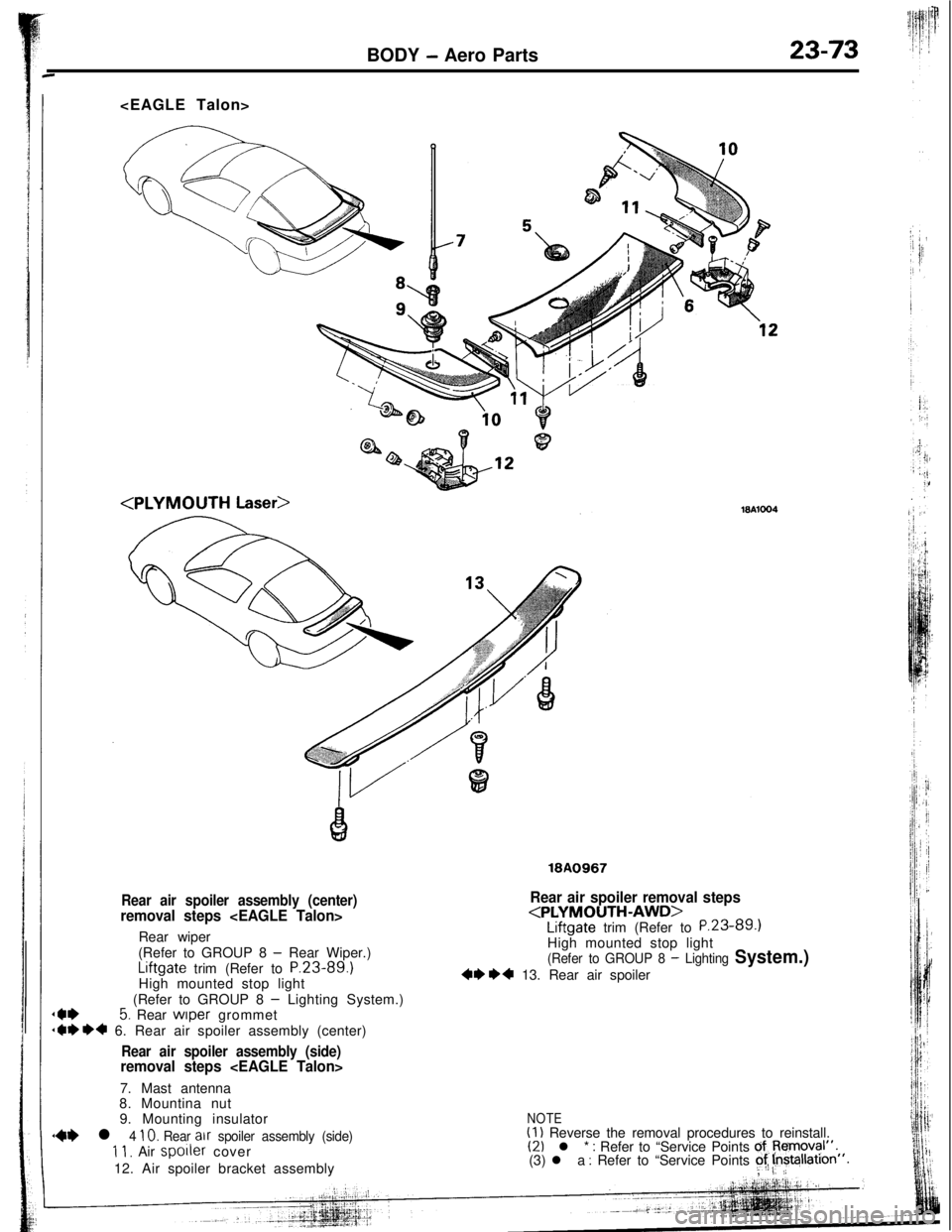 MITSUBISHI ECLIPSE 1993 Owners Guide BODY - Aero Parts23-73<EAGLE Talon>
18A0967
Rear air spoiler assembly (center)removal steps <EAGLE Talon>Rear wiper
(Refer to GROUP 8
- Rear Wiper.)Liftgate trim (Refer to
P.23-89.)High mounted stop MITSUBISHI ECLIPSE 1993 Owners Guide BODY - Aero Parts23-73<EAGLE Talon>
18A0967
Rear air spoiler assembly (center)removal steps <EAGLE Talon>Rear wiper
(Refer to GROUP 8
- Rear Wiper.)Liftgate trim (Refer to
P.23-89.)High mounted stop