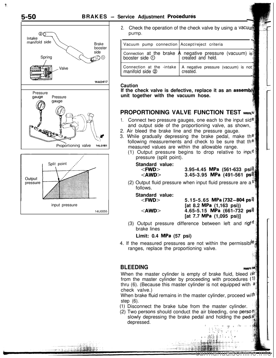 MITSUBISHI ECLIPSE 1993  Workshop Manual 5-50BRAKES - Service Adjustment Proi?edur&
Brakebooster
sideSpring 
’
/
Valve
Pressure
gaugePressure
PropGtioning valve14LO181input pressure
14uoo55
2.Check the operation of the check valve by using