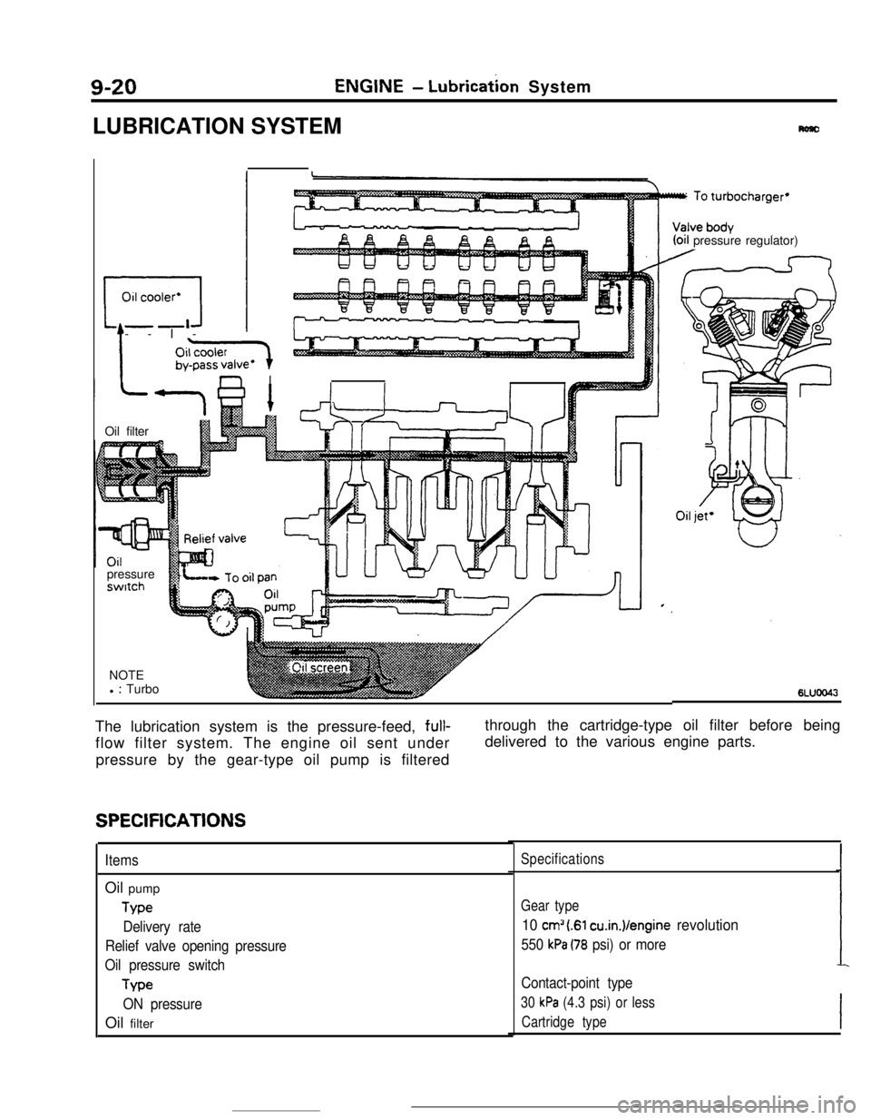 MITSUBISHI ECLIPSE 1990  Service Manual 9-20ENGINE- Lubricathn System
LUBRICATION SYSTEM
nasllOil cooler*
r-4--I-
(oil pressure regulator)
I
n I-1Oil filter
pressureswttch
NOTE
l 
: Turbo6LUOO43The lubrication system is the pressure-feed, f