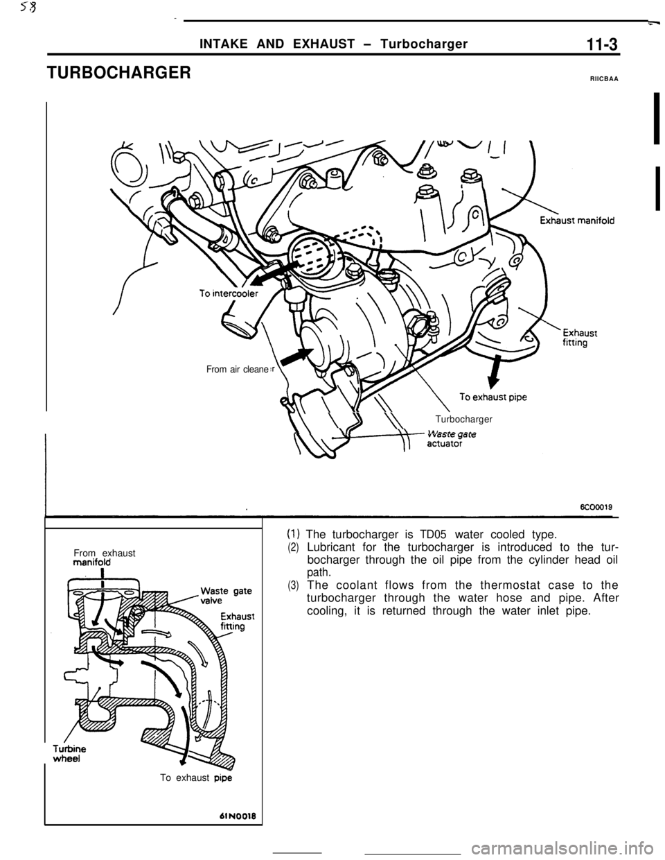 MITSUBISHI ECLIPSE 1990  Service Manual rg_m
INTAKE AND EXHAUST - Turbocharger
13 \Turbocharger
manifold
-J
To exhaust pipe
61 NO010
(1) The turbocharger is TD05 water cooled type. 