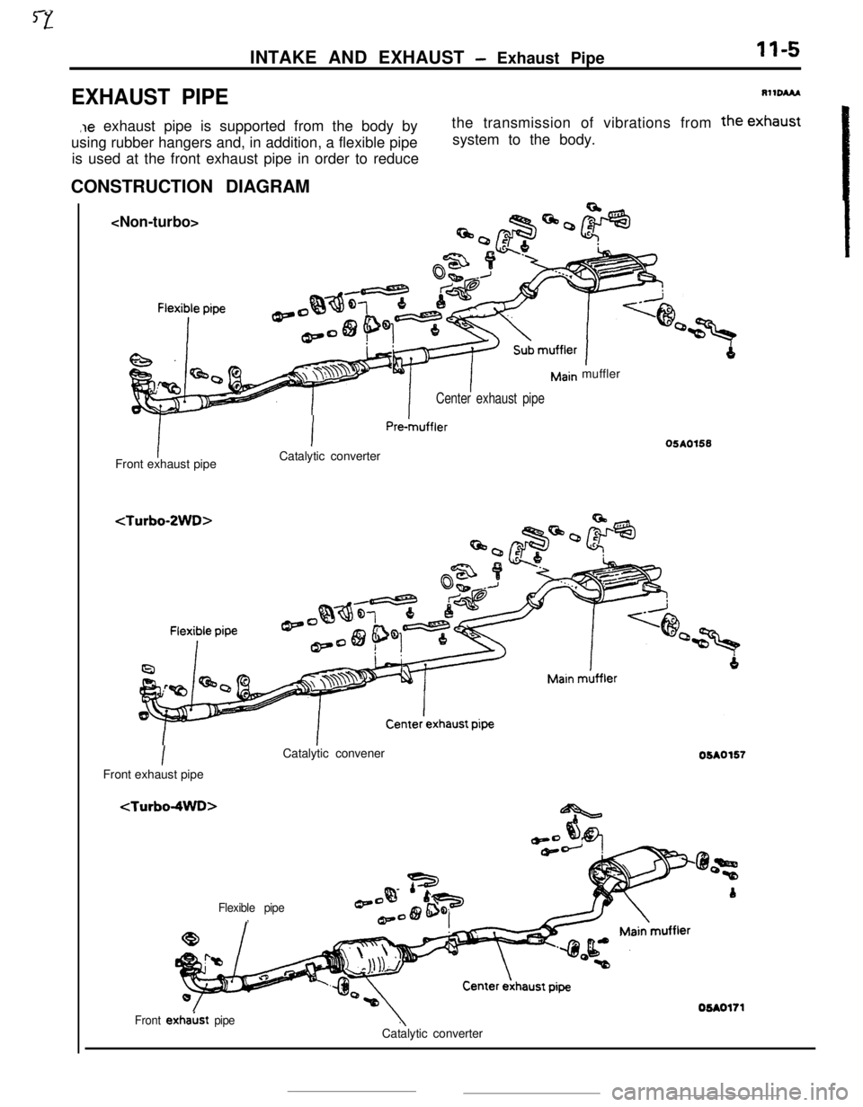 MITSUBISHI ECLIPSE 1990 Service Manual INTAKE AND EXHAUST - Exhaust PipeII-5
EXHAUST PIPERllDAM
,le exhaust pipe is supported from the body by
using rubber hangers and, in addition, a flexible pipe
is used at the front exhaust pipe in orde MITSUBISHI ECLIPSE 1990 Service Manual INTAKE AND EXHAUST - Exhaust PipeII-5
EXHAUST PIPERllDAM
,le exhaust pipe is supported from the body by
using rubber hangers and, in addition, a flexible pipe
is used at the front exhaust pipe in orde