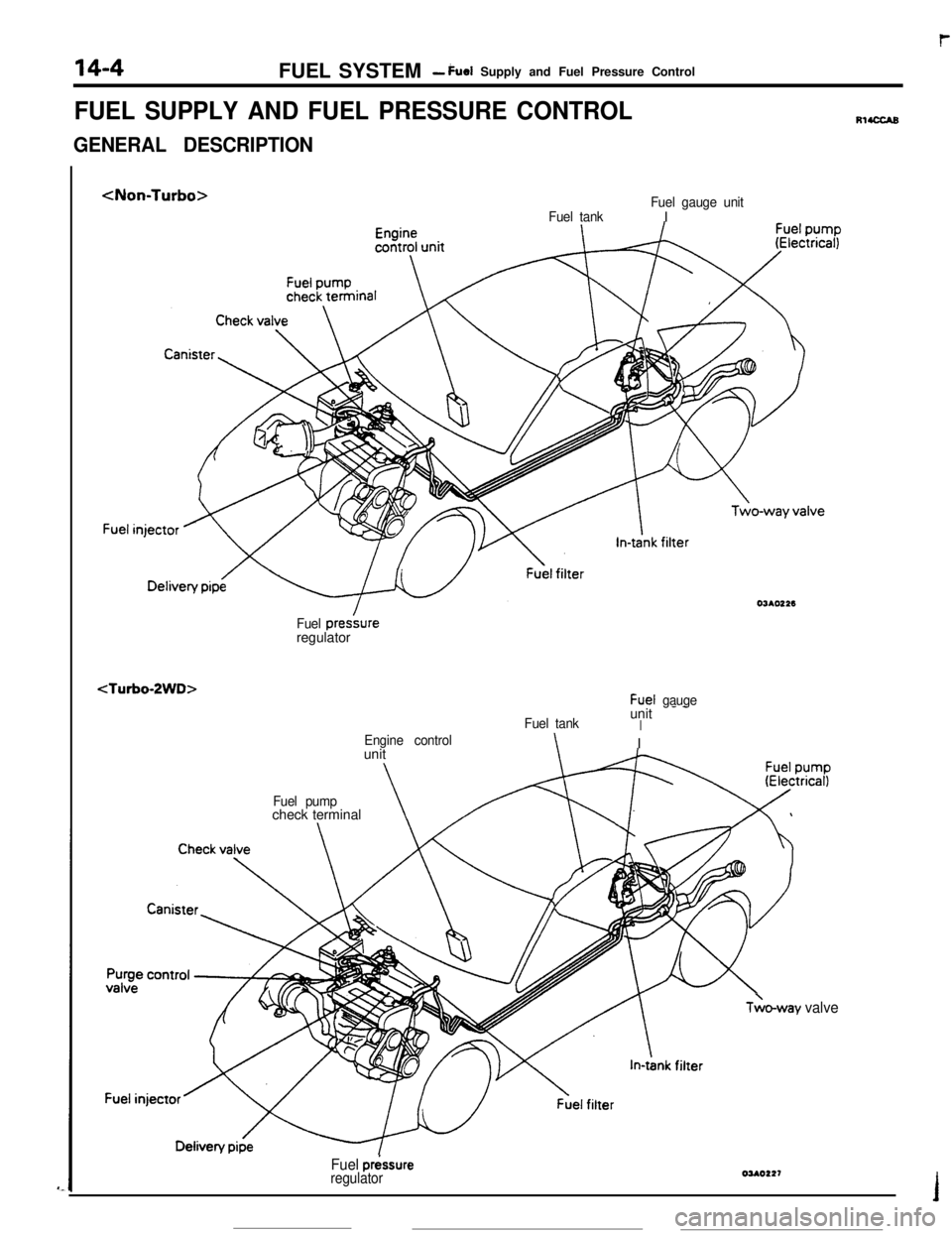 MITSUBISHI ECLIPSE 1990 Service Manual FUEL SYSTEM- duel Supply and Fuel Pressure Control
FUEL SUPPLY AND FUEL PRESSURE CONTROL
GENERAL DESCRIPTION<Non-Turbo>
Fuel tankFuel gauge unitIOJAOt26
Fuel presbreregulator
<Turbo-2WD>Fuel gauge
Fue MITSUBISHI ECLIPSE 1990 Service Manual FUEL SYSTEM- duel Supply and Fuel Pressure Control
FUEL SUPPLY AND FUEL PRESSURE CONTROL
GENERAL DESCRIPTION<Non-Turbo>
Fuel tankFuel gauge unitIOJAOt26
Fuel presbreregulator
<Turbo-2WD>Fuel gauge
Fue