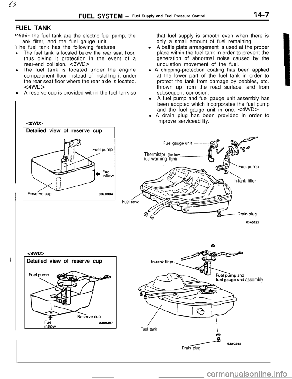 MITSUBISHI ECLIPSE 1990 Service Manual FUEL SYSTEM -Fuel Supply and Fuel Pressure Control14-7FUEL TANK
m/ithin the fuel tank are the electric fuel pump, the
.ank filter, and the fuel gauge unit.
-I he fuel tank has the following features:
MITSUBISHI ECLIPSE 1990 Service Manual FUEL SYSTEM -Fuel Supply and Fuel Pressure Control14-7FUEL TANK
m/ithin the fuel tank are the electric fuel pump, the
.ank filter, and the fuel gauge unit.
-I he fuel tank has the following features: