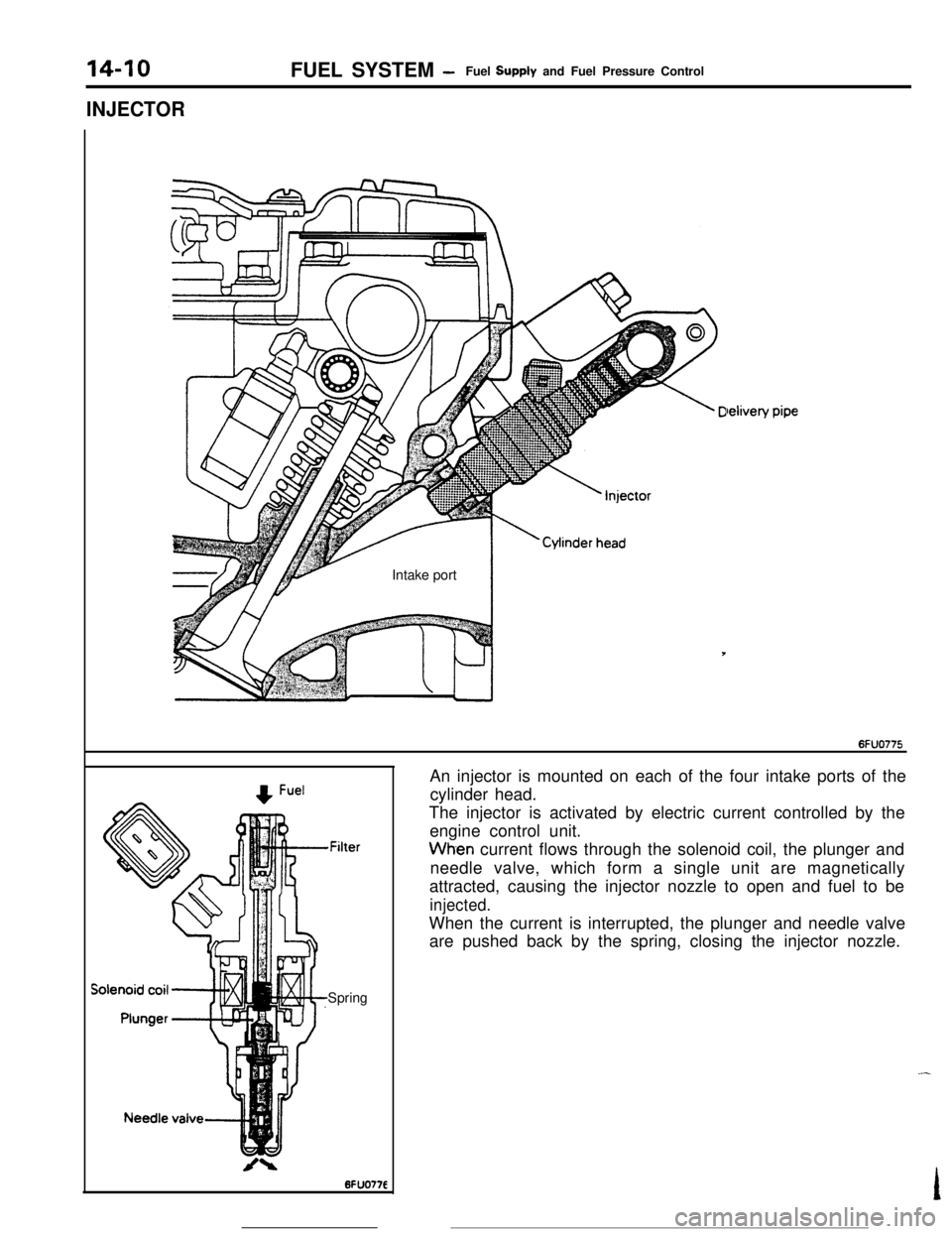 MITSUBISHI ECLIPSE 1990 Service Manual 14-10
INJECTORFUEL SYSTEM
-Fuel Supply and Fuel Pressure Control
Intake port
lelivelYPipte
,FilterSpringAn injector is mounted on each of the four intake ports of the
cylinder head.
The injector is a MITSUBISHI ECLIPSE 1990 Service Manual 14-10
INJECTORFUEL SYSTEM
-Fuel Supply and Fuel Pressure Control
Intake port
lelivelYPipte
,FilterSpringAn injector is mounted on each of the four intake ports of the
cylinder head.
The injector is a