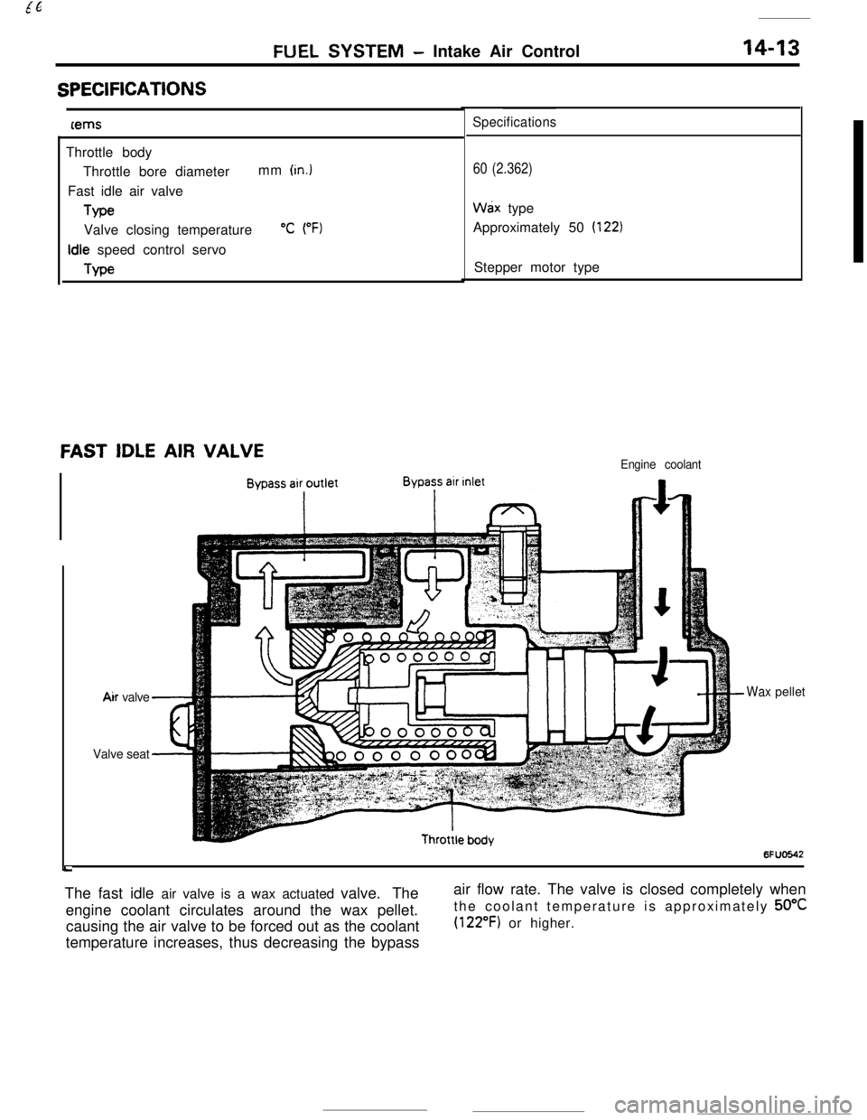MITSUBISHI ECLIPSE 1990 Service Manual FUEL SYSTEM- Intake Air Control
SPECIFICATIONS
ternsThrottle body
Throttle bore diametermm
(in.1Fast idle air valve
TwValve closing temperature
“C (“F)
Idle speed control servo
TypeSpecifications MITSUBISHI ECLIPSE 1990 Service Manual FUEL SYSTEM- Intake Air Control
SPECIFICATIONS
ternsThrottle body
Throttle bore diametermm
(in.1Fast idle air valve
TwValve closing temperature
“C (“F)
Idle speed control servo
TypeSpecifications