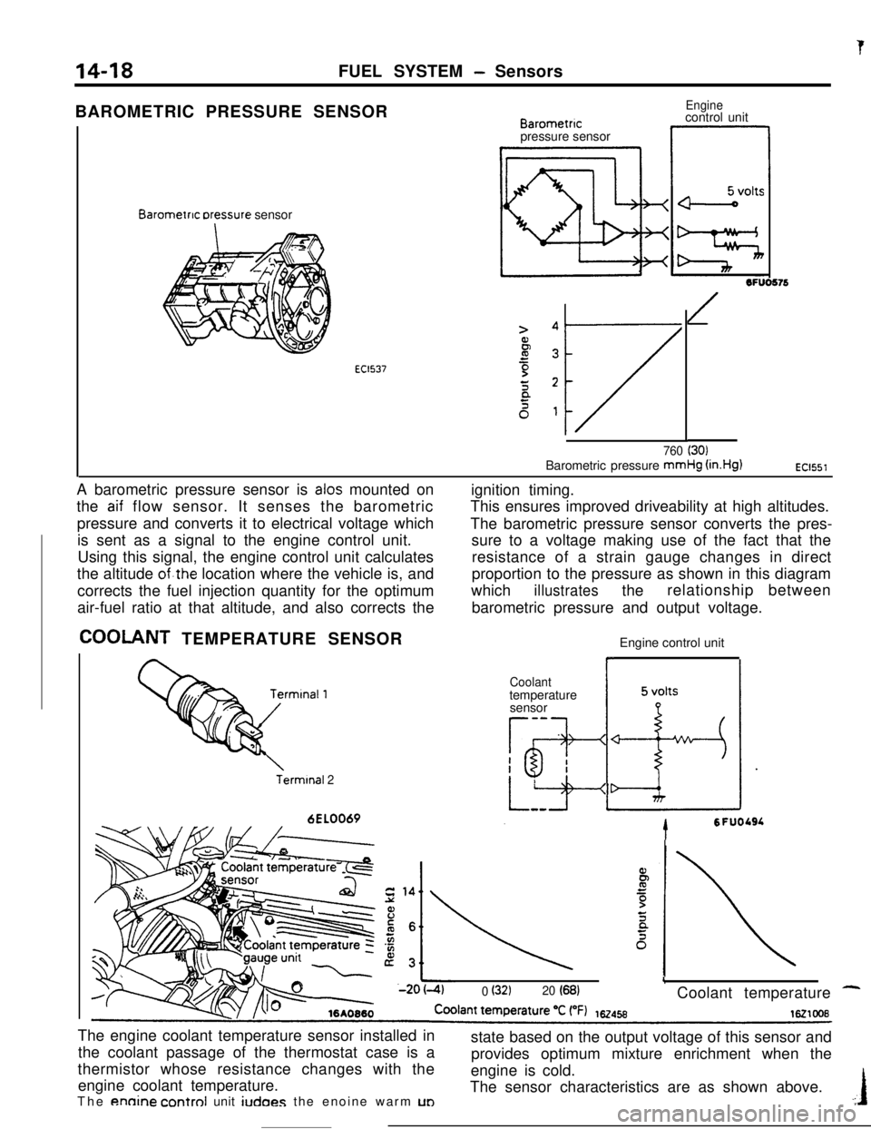 MITSUBISHI ECLIPSE 1990 Service Manual 14-18FUEL SYSTEM - Sensors
tBAROMETRIC PRESSURE SENSOR
Barometnc rxessure sensor
EC1537
Barometncpressure sensor
Enginecontrol unit
1OFUO576
/
760 (30)Barometric pressure mmHg
(in.Hg)EC1551A barometr MITSUBISHI ECLIPSE 1990 Service Manual 14-18FUEL SYSTEM - Sensors
tBAROMETRIC PRESSURE SENSOR
Barometnc rxessure sensor
EC1537
Barometncpressure sensor
Enginecontrol unit
1OFUO576
/
760 (30)Barometric pressure mmHg
(in.Hg)EC1551A barometr