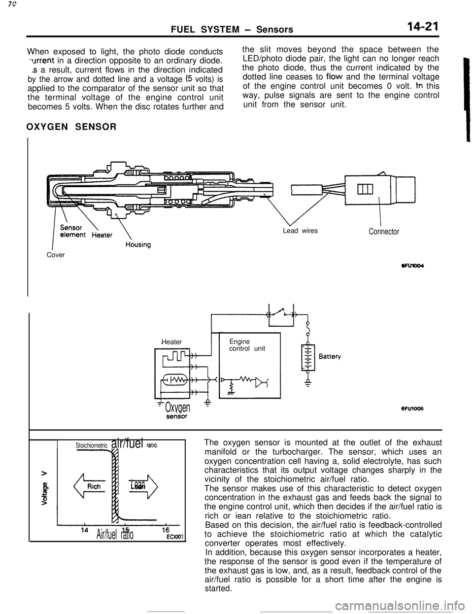 MITSUBISHI ECLIPSE 1990 Owners Manual FUEL SYSTEM - Sensors14-21When exposed to light, the photo diode conducts
urrent in a direction opposite to an ordinary diode.
.s a result, current flows in the direction indicated
by the arrow and do