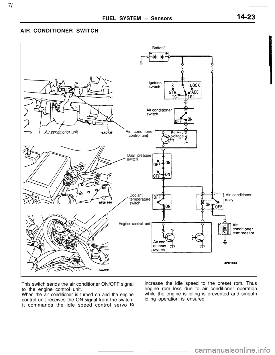 MITSUBISHI ECLIPSE 1990 Owners Guide ‘7JFUEL SYSTEM
- Sensors14-23AIR CONDITIONER SWITCH
Batten/
-31 .,Air conditioner unitlSAO735‘Air conditioner
control unitI”.._. ,voltage
Dual pressureswitch
-f@ -//Q.j
/
Coolanttemperature6FU1 MITSUBISHI ECLIPSE 1990 Owners Guide ‘7JFUEL SYSTEM
- Sensors14-23AIR CONDITIONER SWITCH
Batten/
-31 .,Air conditioner unitlSAO735‘Air conditioner
control unitI”.._. ,voltage
Dual pressureswitch
-f@ -//Q.j
/
Coolanttemperature6FU1
