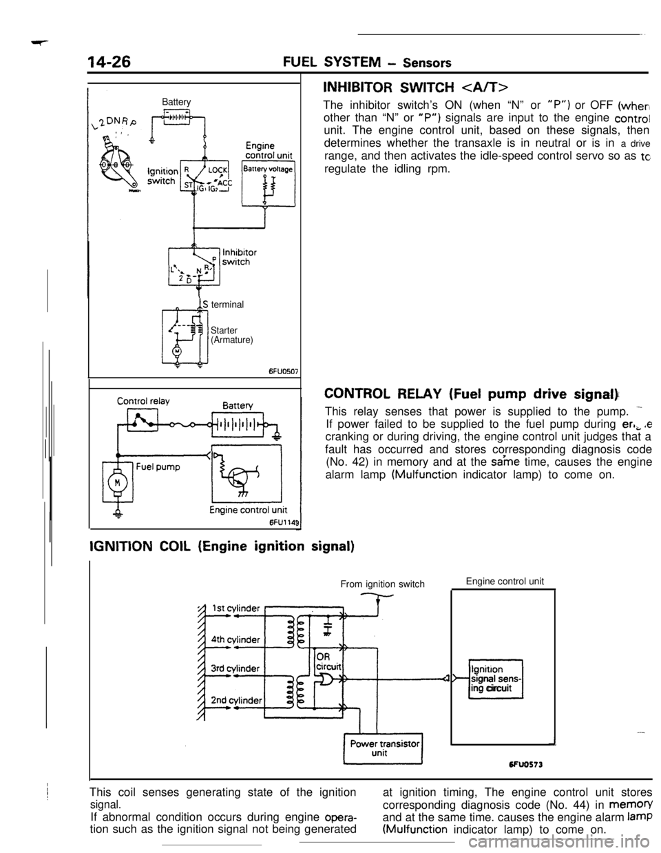 MITSUBISHI ECLIPSE 1990 Owners Manual I
j:Battery
14-26FUEL SYSTEM - Sensors
INHIBITOR SWITCH <A/T>The inhibitor switch’s ON (when “N” or
“P”) or OFF (when
other than “N” or
“P”) signals are input to the engine control MITSUBISHI ECLIPSE 1990 Owners Manual I
j:Battery
14-26FUEL SYSTEM - Sensors
INHIBITOR SWITCH <A/T>The inhibitor switch’s ON (when “N” or
“P”) or OFF (when
other than “N” or
“P”) signals are input to the engine control