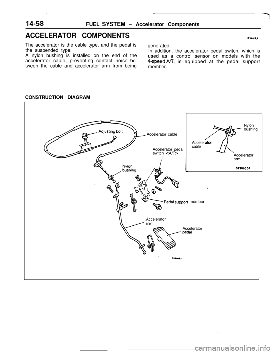 MITSUBISHI ECLIPSE 1990 Service Manual ._ ..-
14-58
.-FUEL SYSTEM
- Accelerator Components
-7
ACCELERATOR COMPONENTSRlUUAAThe accelerator is the cable type, and the pedal is
the suspended type.
A nylon bushing is installed on the end of t MITSUBISHI ECLIPSE 1990 Service Manual ._ ..-
14-58
.-FUEL SYSTEM
- Accelerator Components
-7
ACCELERATOR COMPONENTSRlUUAAThe accelerator is the cable type, and the pedal is
the suspended type.
A nylon bushing is installed on the end of t