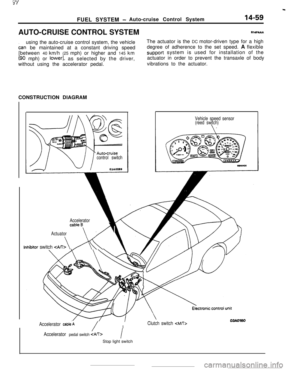 MITSUBISHI ECLIPSE 1990 Service Manual FUEL SYSTEM -Auto-cruise Control System14-59AUTO-CRUISE CONTROL SYSTEMRIIPA&A
using the auto-cruise control system, the vehicle
oar-rbe maintained at a constant driving speed
[between 40 km/h (25 mph) MITSUBISHI ECLIPSE 1990 Service Manual FUEL SYSTEM -Auto-cruise Control System14-59AUTO-CRUISE CONTROL SYSTEMRIIPA&A
using the auto-cruise control system, the vehicle
oar-rbe maintained at a constant driving speed
[between 40 km/h (25 mph)