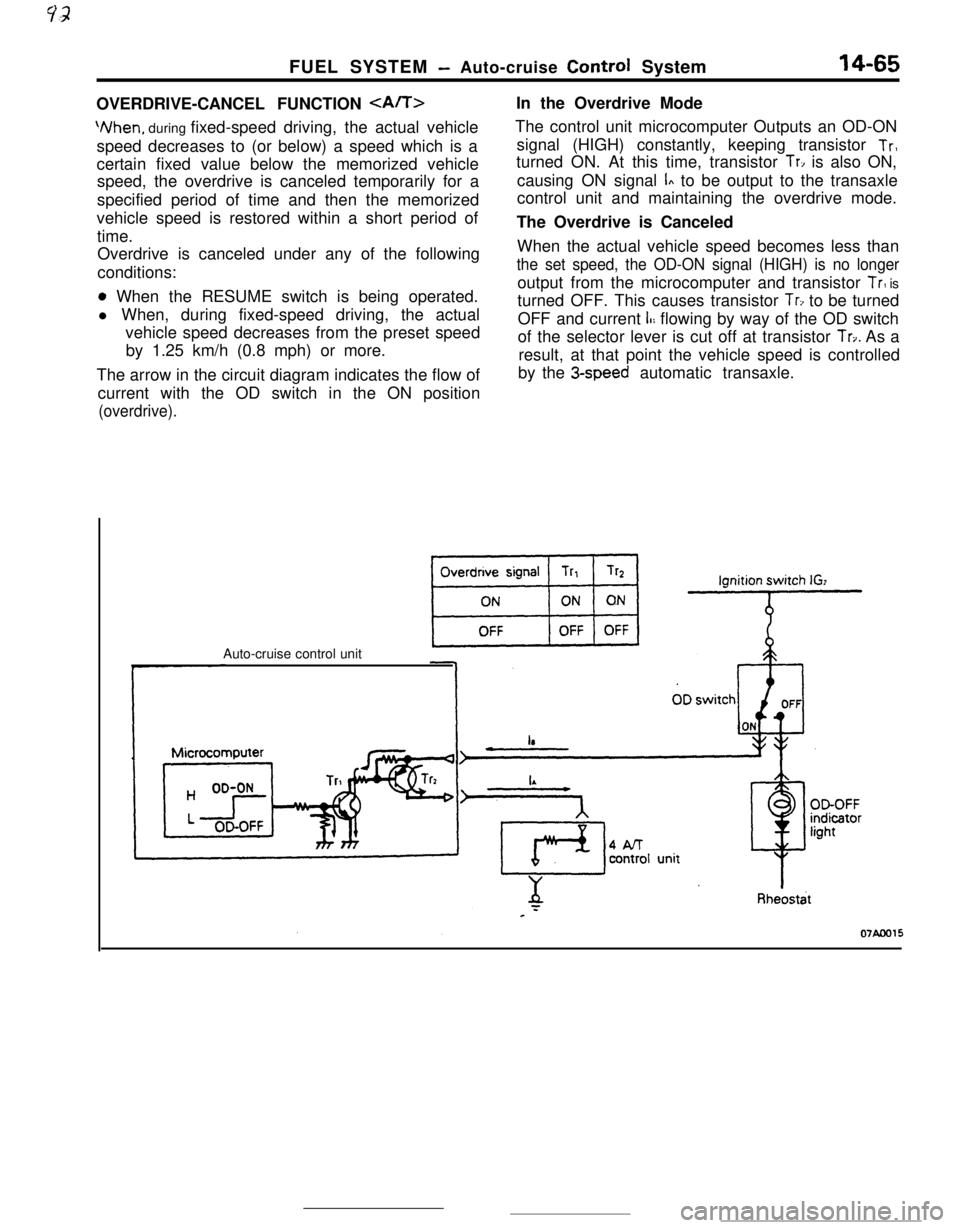MITSUBISHI ECLIPSE 1990 Service Manual FUEL SYSTEM -Auto-cruise Control System14-65OVERDRIVE-CANCEL FUNCTION
<A/T>
%/hen, during fixed-speed driving, the actual vehicle
speed decreases to (or below) a speed which is a
certain fixed value MITSUBISHI ECLIPSE 1990 Service Manual FUEL SYSTEM -Auto-cruise Control System14-65OVERDRIVE-CANCEL FUNCTION
<A/T>
%/hen, during fixed-speed driving, the actual vehicle
speed decreases to (or below) a speed which is a
certain fixed value