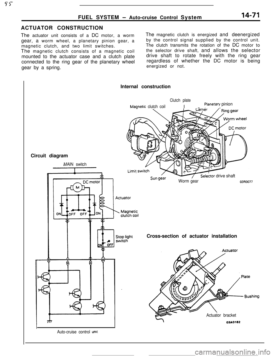 MITSUBISHI ECLIPSE 1990 Service Manual Y 5-FUEL SYSTEM
- Auto-cruise Control System14-71ACTUATOR CONSTRUCTION
The actuator unit consists of a DC motor, a worm
gear, a worm wheel, a planetary pinion gear, a
magnetic clutch, and two limit sw MITSUBISHI ECLIPSE 1990 Service Manual Y 5-FUEL SYSTEM
- Auto-cruise Control System14-71ACTUATOR CONSTRUCTION
The actuator unit consists of a DC motor, a worm
gear, a worm wheel, a planetary pinion gear, a
magnetic clutch, and two limit sw