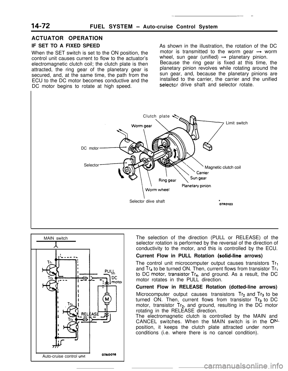 MITSUBISHI ECLIPSE 1990 Service Manual 14-72
._FUEL SYSTEM
- Auto-cruise Control System
___ -ACTUATOR OPERATION
IF SET TO A FIXED SPEED
When the SET switch is set to the ON position, the
control unit causes current to flow to the actuator MITSUBISHI ECLIPSE 1990 Service Manual 14-72
._FUEL SYSTEM
- Auto-cruise Control System
___ -ACTUATOR OPERATION
IF SET TO A FIXED SPEED
When the SET switch is set to the ON position, the
control unit causes current to flow to the actuator