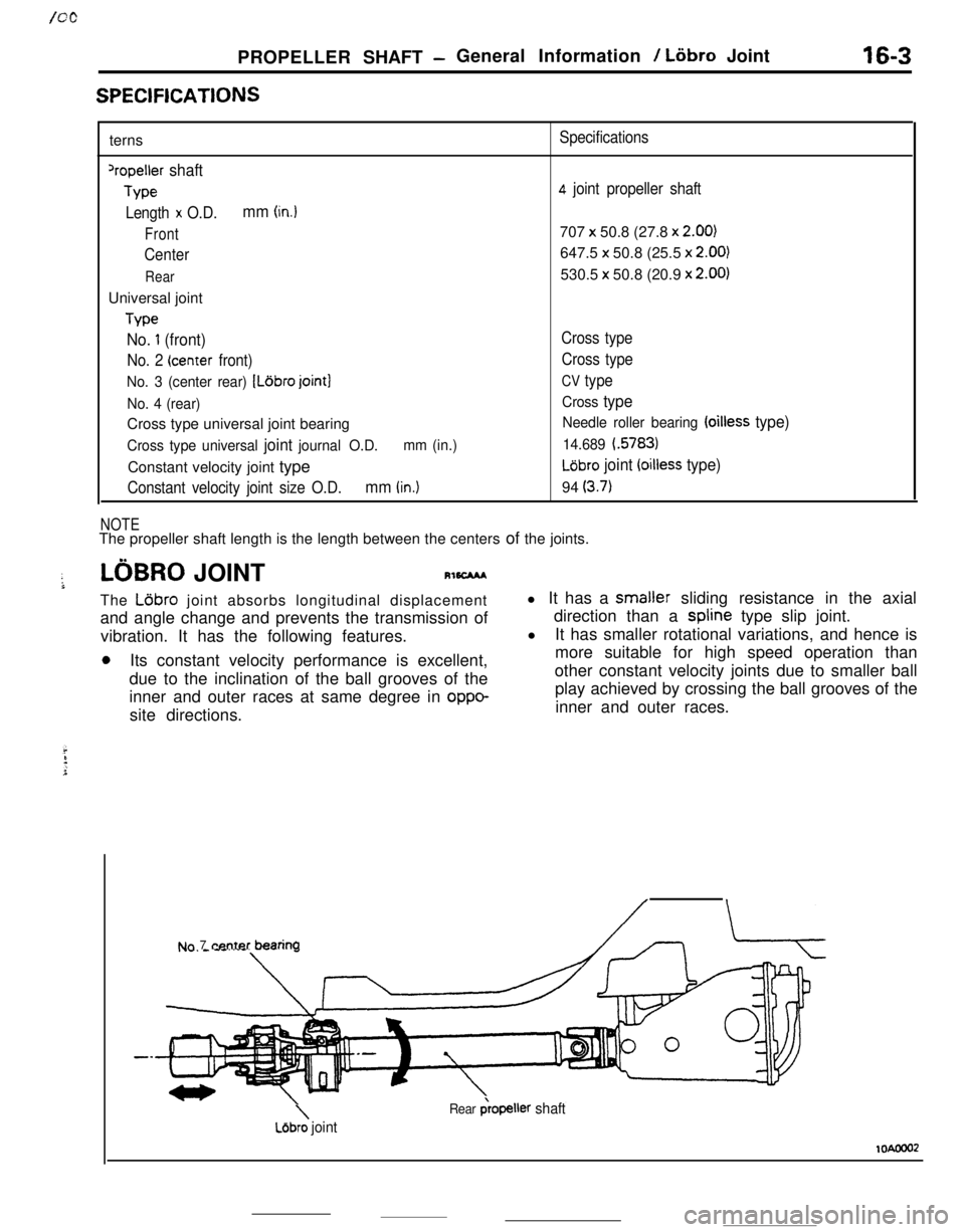 MITSUBISHI ECLIPSE 1990 Service Manual PROPELLER SHAFT -General Information / Liibro Joint16-3
SPEClFlCATlONSterns
‘repeller shaft
Type
Length
x O.D.mm (in.)
Front
Center
RearUniversal joint
Type
No. 1 (front)
No. 2 (center front)
No. 3 MITSUBISHI ECLIPSE 1990 Service Manual PROPELLER SHAFT -General Information / Liibro Joint16-3
SPEClFlCATlONSterns
‘repeller shaft
Type
Length
x O.D.mm (in.)
Front
Center
RearUniversal joint
Type
No. 1 (front)
No. 2 (center front)
No. 3