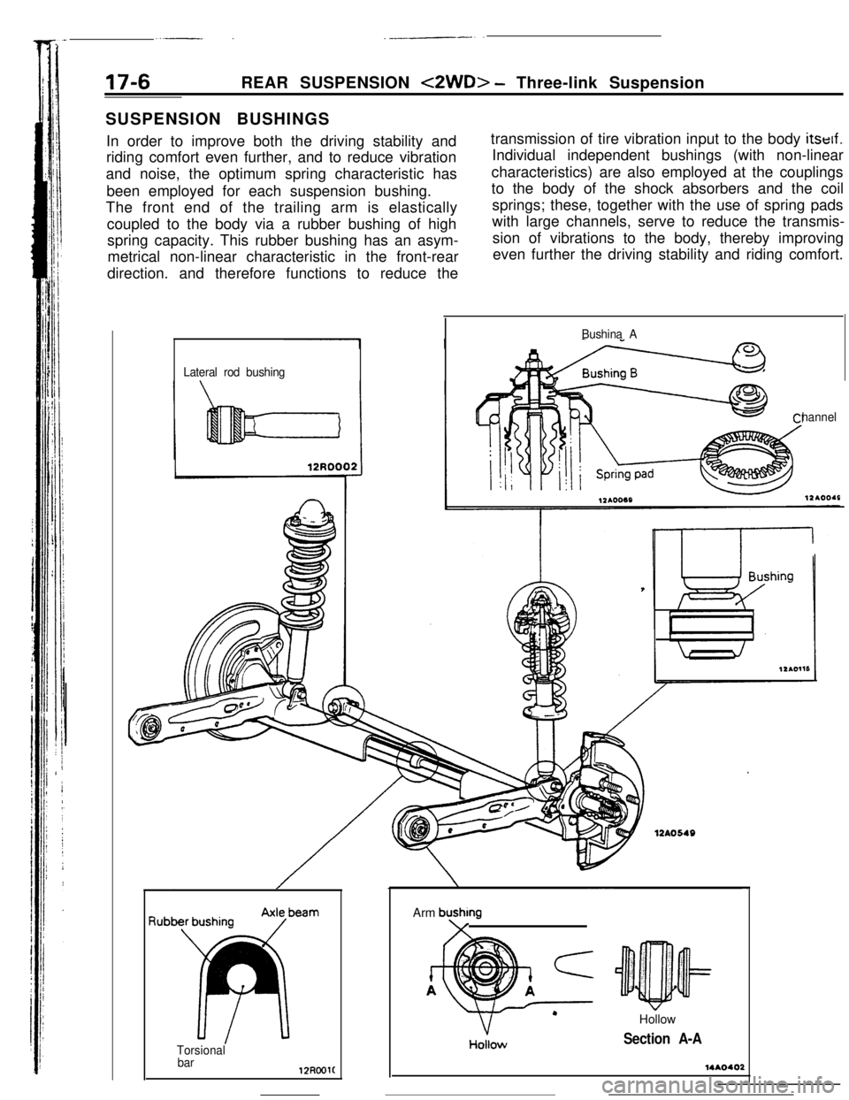 MITSUBISHI ECLIPSE 1990 Service Manual 17-6REAR SUSPENSION <2WD> - Three-link Suspension
SUSPENSION BUSHINGS
In order to improve both the driving stability and
riding comfort even further, and to reduce vibration
and noise, the optimum spr MITSUBISHI ECLIPSE 1990 Service Manual 17-6REAR SUSPENSION <2WD> - Three-link Suspension
SUSPENSION BUSHINGS
In order to improve both the driving stability and
riding comfort even further, and to reduce vibration
and noise, the optimum spr