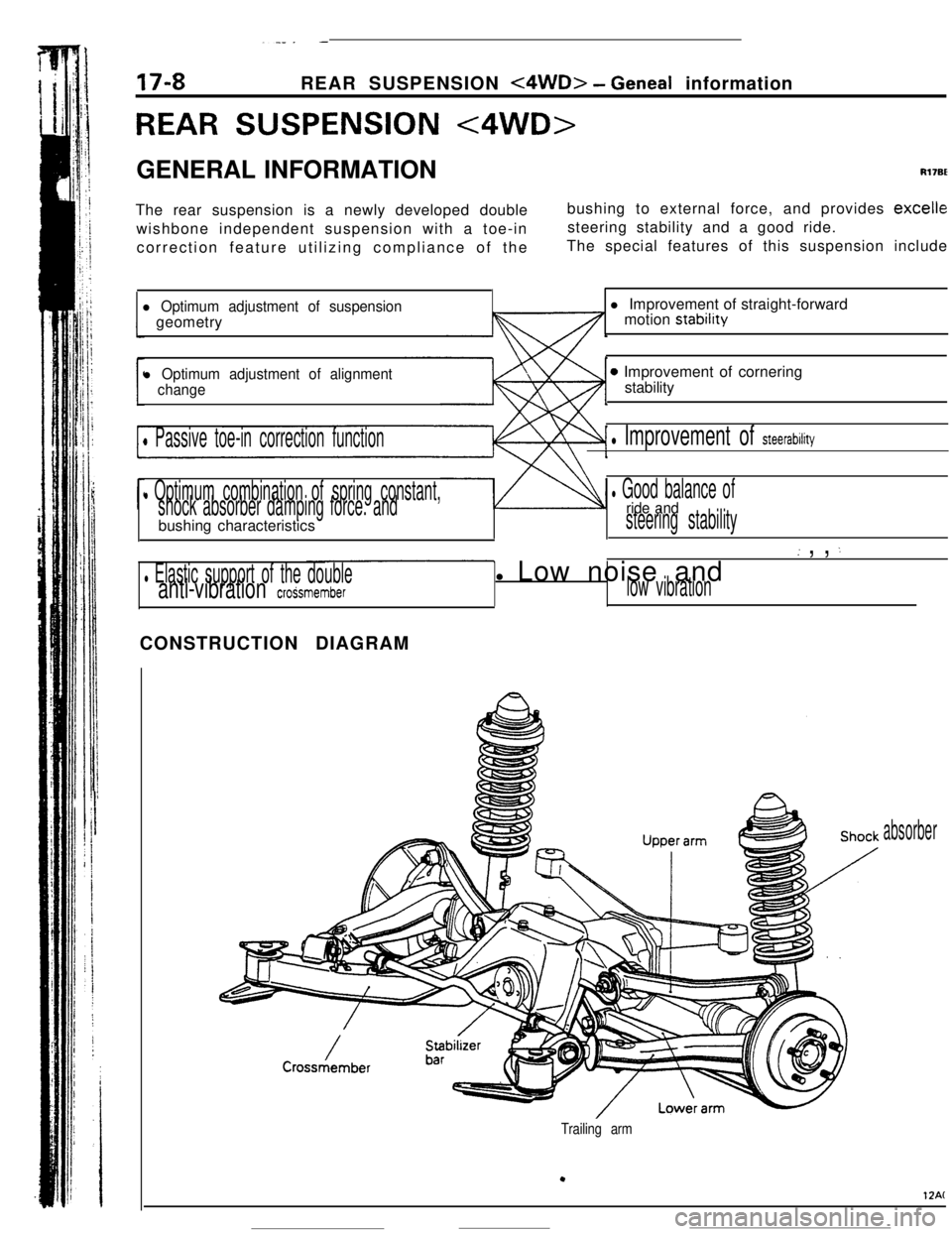MITSUBISHI ECLIPSE 1990 Service Manual .-_. -
17-8REAR SUSPENSION <4WD> - Geneal information
REAR SUSPENSION <4WD>GENERAL INFORMATION
Rl7BEThe rear suspension is a newly developed double
wishbone independent suspension with a toe-in
correc MITSUBISHI ECLIPSE 1990 Service Manual .-_. -
17-8REAR SUSPENSION <4WD> - Geneal information
REAR SUSPENSION <4WD>GENERAL INFORMATION
Rl7BEThe rear suspension is a newly developed double
wishbone independent suspension with a toe-in
correc