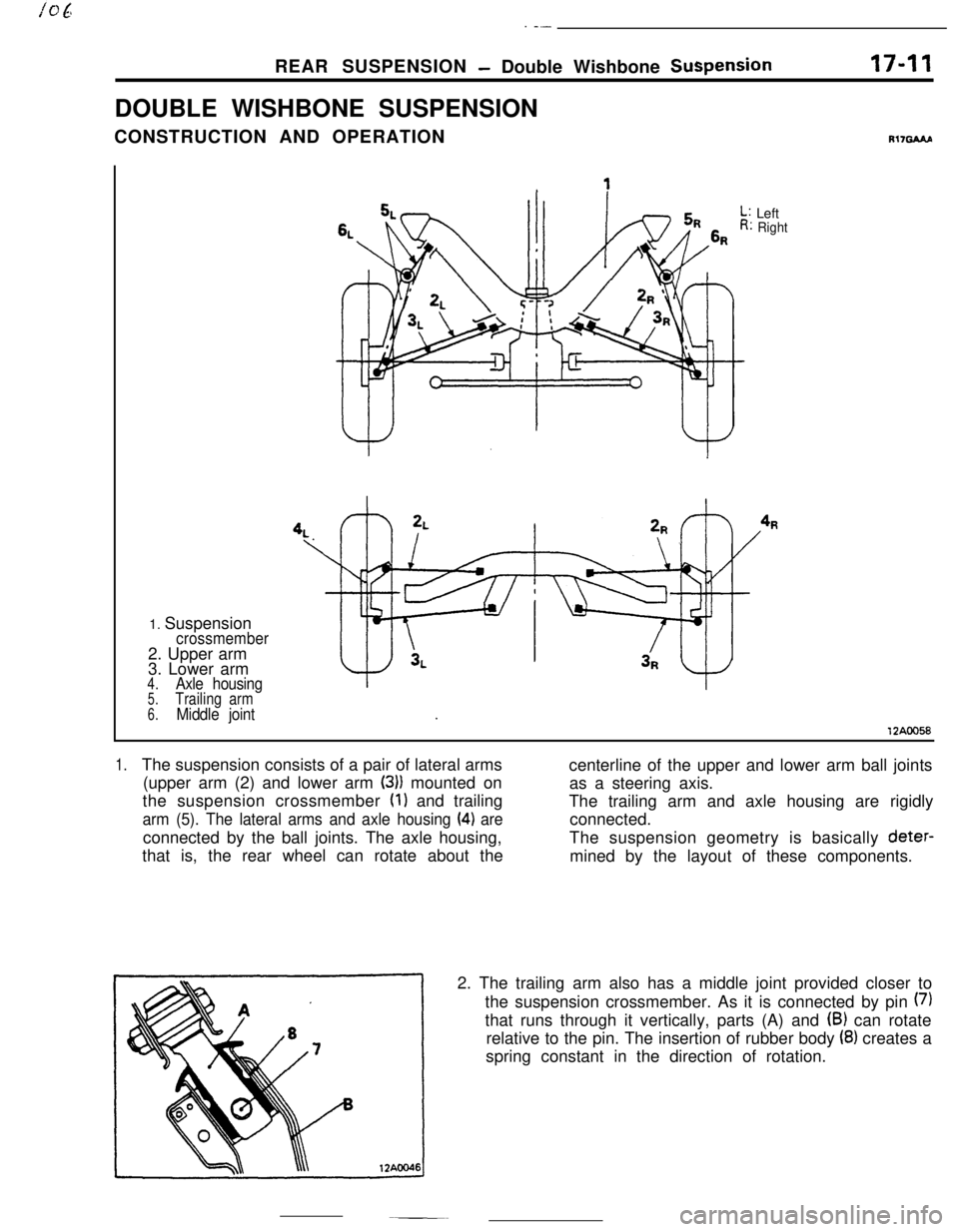 MITSUBISHI ECLIPSE 1990 Service Manual . -.-REAR SUSPENSION
- Double Wishbone SuspensionDOUBLE WISHBONE SUSPENSION
CONSTRUCTION AND OPERATION17-11
R17GAAP1. Suspension
crossmember2. Upper arm
3. Lower arm
4.Axle housing5.Trailing arm
6.Mid MITSUBISHI ECLIPSE 1990 Service Manual . -.-REAR SUSPENSION
- Double Wishbone SuspensionDOUBLE WISHBONE SUSPENSION
CONSTRUCTION AND OPERATION17-11
R17GAAP1. Suspension
crossmember2. Upper arm
3. Lower arm
4.Axle housing5.Trailing arm
6.Mid