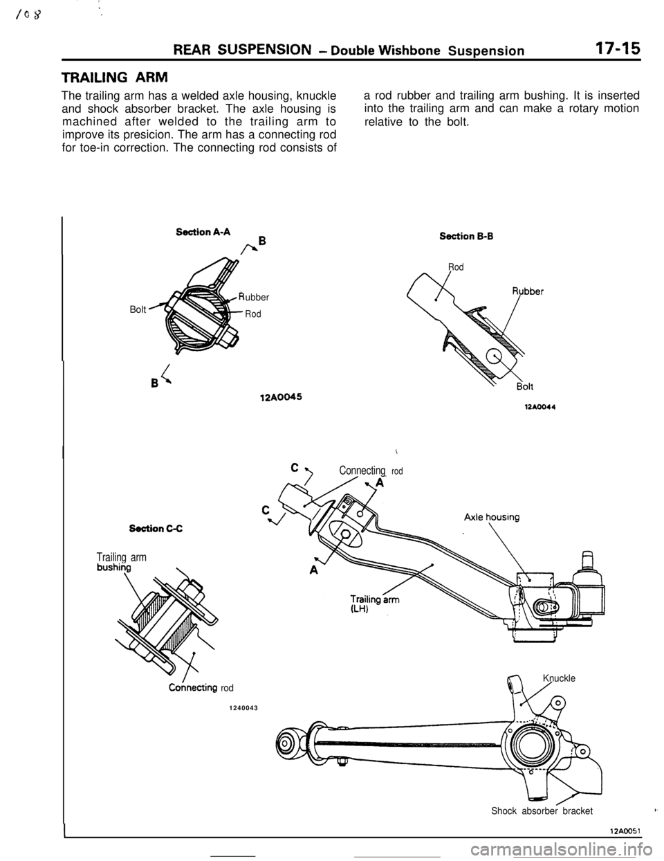 MITSUBISHI ECLIPSE 1990 Service Manual REAR SUSPENSION- Double Wishbone Suspension17-15TRAILING ARM
The trailing arm has a welded axle housing, knuckle
and shock absorber bracket. The axle housing is
machined after welded to the trailing a MITSUBISHI ECLIPSE 1990 Service Manual REAR SUSPENSION- Double Wishbone Suspension17-15TRAILING ARM
The trailing arm has a welded axle housing, knuckle
and shock absorber bracket. The axle housing is
machined after welded to the trailing a