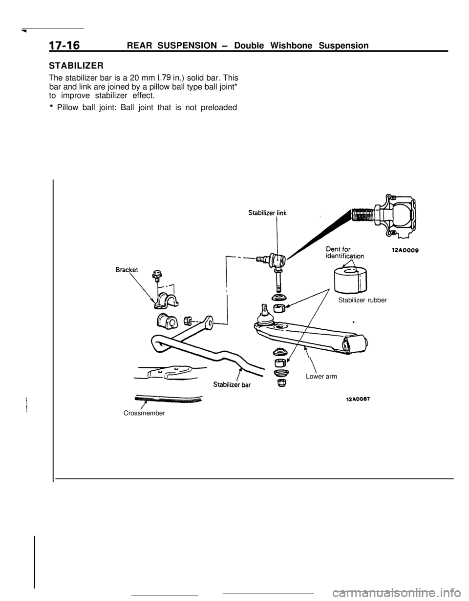 MITSUBISHI ECLIPSE 1990 Service Manual 1
1746REAR SUSPENSION - Double Wishbone Suspension
STABILIZER
The stabilizer bar is a 20 mm
I.79 in.) solid bar. This
bar and link are joined by a pillow ball type ball joint*
to improve stabilizer e MITSUBISHI ECLIPSE 1990 Service Manual 1
1746REAR SUSPENSION - Double Wishbone Suspension
STABILIZER
The stabilizer bar is a 20 mm
I.79 in.) solid bar. This
bar and link are joined by a pillow ball type ball joint*
to improve stabilizer e