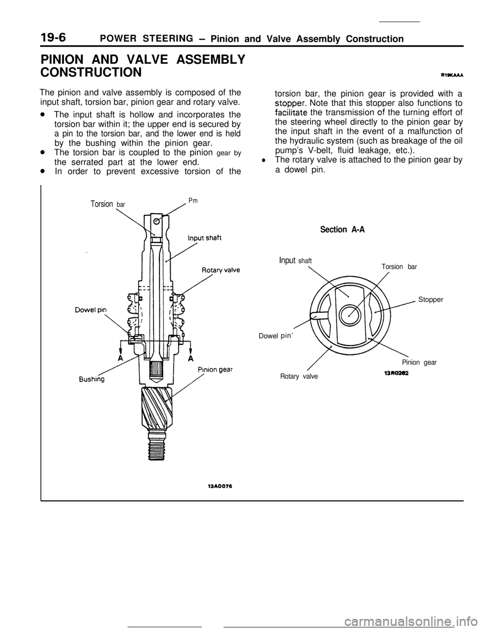 MITSUBISHI ECLIPSE 1990 Service Manual 19-6POWER STEERING- Pinion and Valve Assembly Construction
PINION AND VALVE ASSEMBLY
CONSTRUCTION
RISKAMThe pinion and valve assembly is composed of the
input shaft, torsion bar, pinion gear and rotar MITSUBISHI ECLIPSE 1990 Service Manual 19-6POWER STEERING- Pinion and Valve Assembly Construction
PINION AND VALVE ASSEMBLY
CONSTRUCTION
RISKAMThe pinion and valve assembly is composed of the
input shaft, torsion bar, pinion gear and rotar