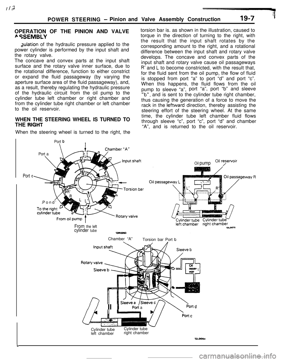 MITSUBISHI ECLIPSE 1990 Owners Manual :POWER STEERING
- Pinion and Valve Assembly Construction19-7 ’fOPERATION OF THE PINION AND VALVE
fi %EMBLYdulation of the hydraulic pressure applied to the
power cylinder is performed by the input s MITSUBISHI ECLIPSE 1990 Owners Manual :POWER STEERING
- Pinion and Valve Assembly Construction19-7 ’fOPERATION OF THE PINION AND VALVE
fi %EMBLYdulation of the hydraulic pressure applied to the
power cylinder is performed by the input s
