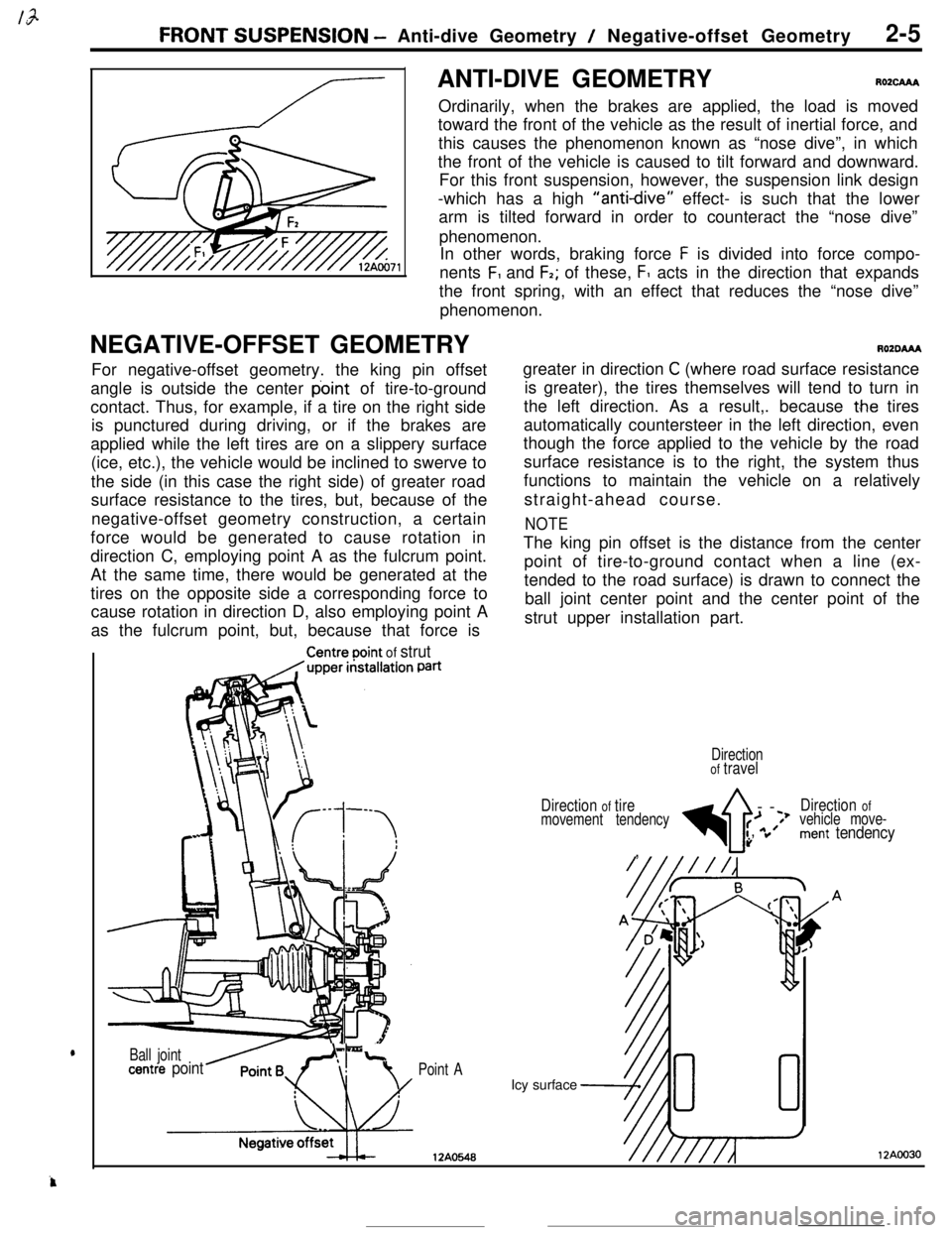 MITSUBISHI ECLIPSE 1990 Service Manual FRONT SUSPENSION - Anti-dive Geometry / Negative-offset Geometry2-5ANTI-DIVE GEOMETRY
RO2cAAAOrdinarily, when the brakes are applied, the load is moved
toward the front of the vehicle as the result of MITSUBISHI ECLIPSE 1990 Service Manual FRONT SUSPENSION - Anti-dive Geometry / Negative-offset Geometry2-5ANTI-DIVE GEOMETRY
RO2cAAAOrdinarily, when the brakes are applied, the load is moved
toward the front of the vehicle as the result of