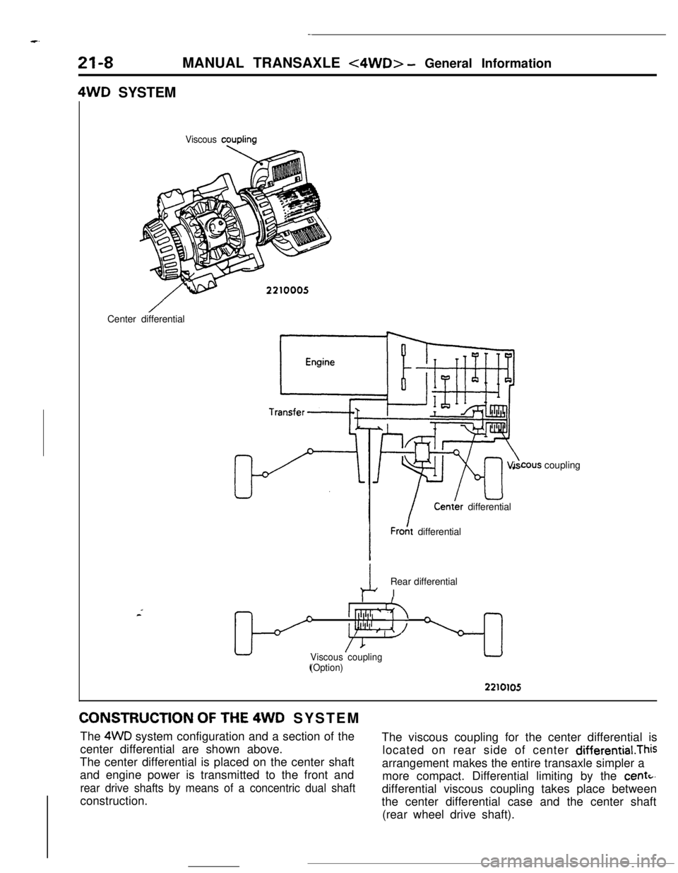 MITSUBISHI ECLIPSE 1990 Service Manual _.c.
21-8MANUAL TRANSAXLE <4WD> - General Information4WD SYSTEM
Viscous couplingCenter differential
cous coupling
kCenth differential
I
IFro& differential
Rear differential
I
I
I [[lll,i, ‘- h-
1 p MITSUBISHI ECLIPSE 1990 Service Manual _.c.
21-8MANUAL TRANSAXLE <4WD> - General Information4WD SYSTEM
Viscous couplingCenter differential
cous coupling
kCenth differential
I
IFro& differential
Rear differential
I
I
I [[lll,i, ‘- h-
1 p