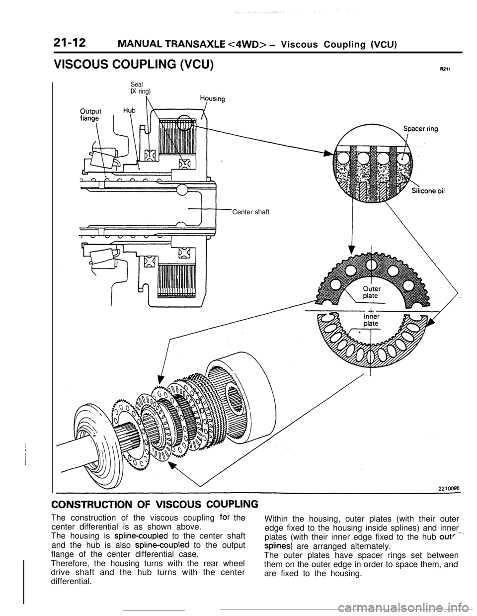 MITSUBISHI ECLIPSE 1990 Service Manual 21-12MANUAL TRANSAXLE <4WD> - Viscous Coupling (VCU)
VISCOUS COUPLING (VCU)
RZlL
Seal(X ring)Center shaftCONSTRUCTION
OF VISCOUS COUPLINGThe construction of the viscous coupling
fck the
Within the h MITSUBISHI ECLIPSE 1990 Service Manual 21-12MANUAL TRANSAXLE <4WD> - Viscous Coupling (VCU)
VISCOUS COUPLING (VCU)
RZlL
Seal(X ring)Center shaftCONSTRUCTION
OF VISCOUS COUPLINGThe construction of the viscous coupling
fck the
Within the h