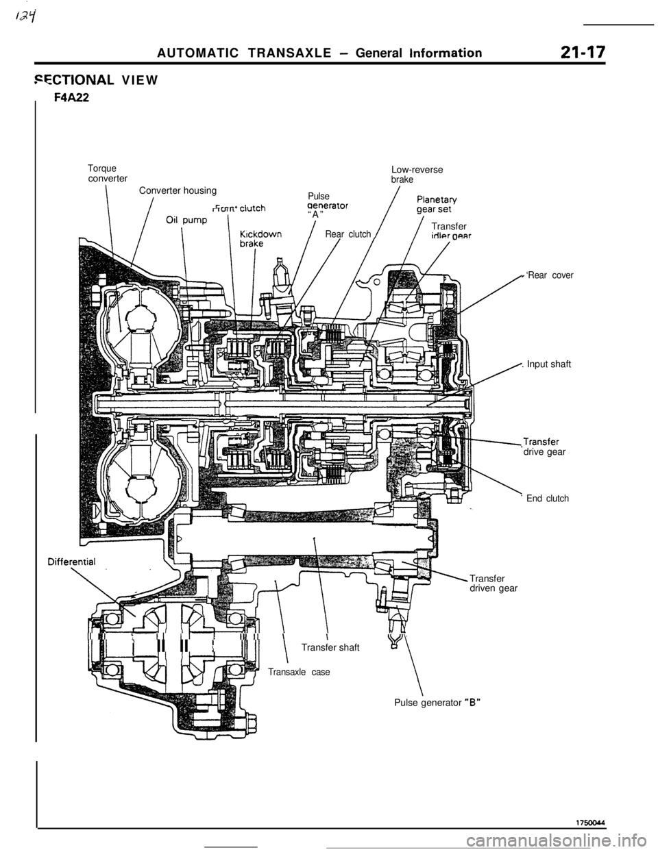 MITSUBISHI ECLIPSE 1990 Service Manual AUTOMATIC TRANSAXLE - General Information21-17
FECTIONAL VIEW
TorqueLow-reverse
converter
brake
IConverter housingIPulse/Planetan/t.mw.+ 4, .+rb-xaeneratormm-r .-Pa+*i, pump rlulll LI”LbII“A”$JG MITSUBISHI ECLIPSE 1990 Service Manual AUTOMATIC TRANSAXLE - General Information21-17
FECTIONAL VIEW
TorqueLow-reverse
converter
brake
IConverter housingIPulse/Planetan/t.mw.+ 4, .+rb-xaeneratormm-r .-Pa+*i, pump rlulll LI”LbII“A”$JG