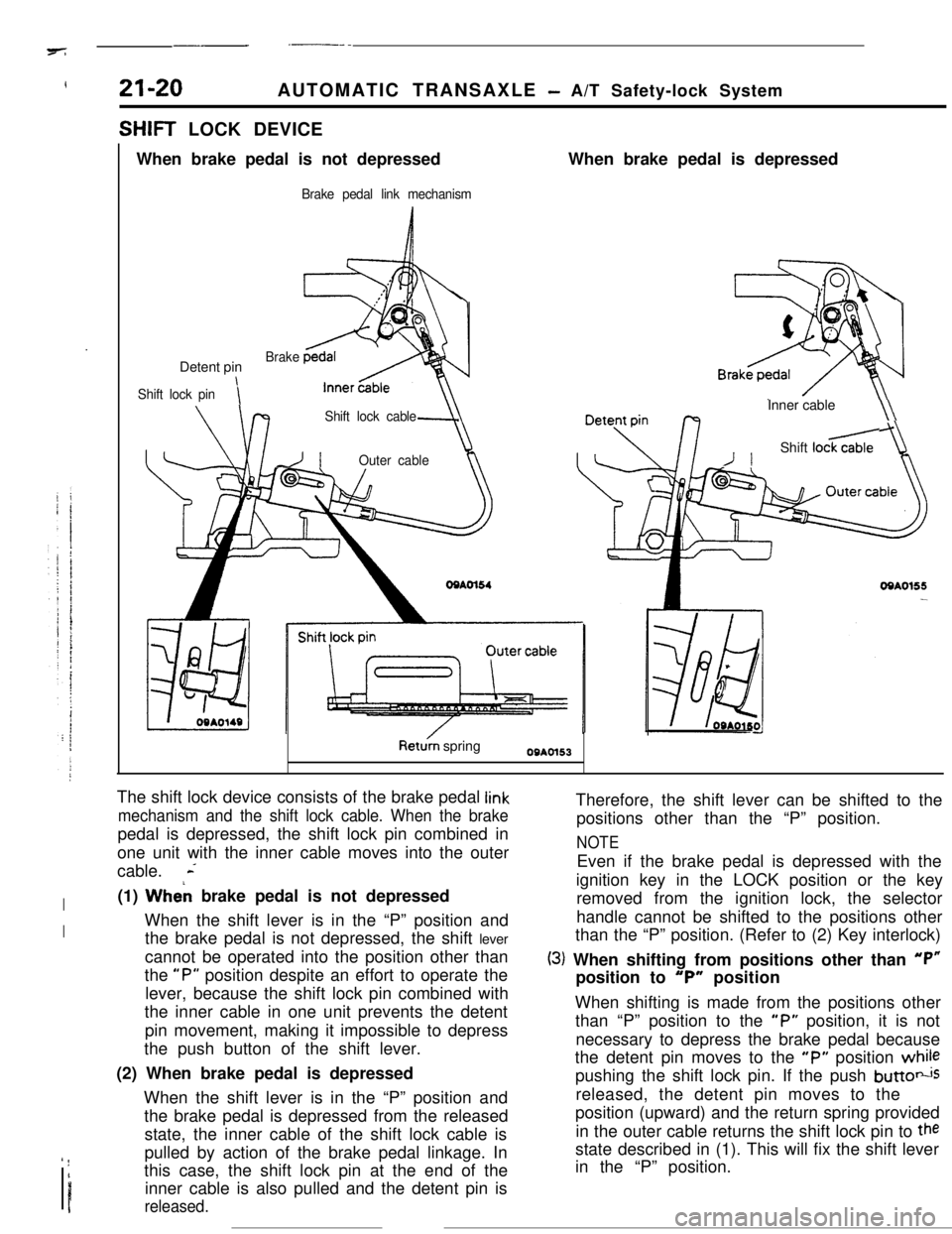 MITSUBISHI ECLIPSE 1990 Owners Guide -_ - .--.7
!21-20AUTOMATIC TRANSAXLE - A/T Safety-lock System
SHIFT LOCK DEVICE
When brake pedal is not depressed
Brake pedal link mechanismWhen brake pedal is depressed
Detent pin
Shift lock pini
Bra MITSUBISHI ECLIPSE 1990 Owners Guide -_ - .--.7
!21-20AUTOMATIC TRANSAXLE - A/T Safety-lock System
SHIFT LOCK DEVICE
When brake pedal is not depressed
Brake pedal link mechanismWhen brake pedal is depressed
Detent pin
Shift lock pini
Bra