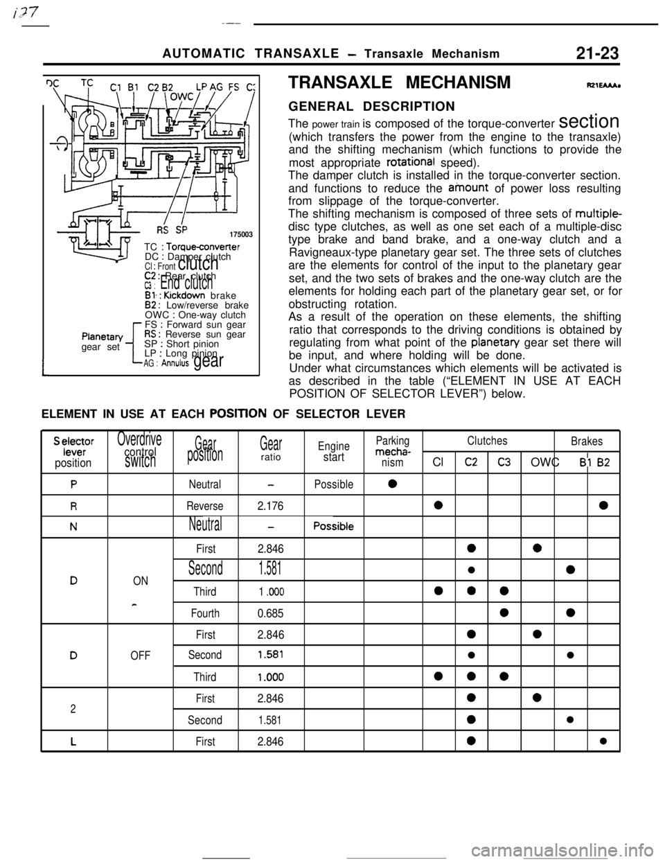 MITSUBISHI ECLIPSE 1990 Owners Guide I,?+7_-AUTOMATIC TRANSAXLE
- Transaxle Mechanism21-23
I IRS SP175003TC
: Torqueconverter
DC : Damper clutchCl : Front clutch
tPlanetan/
gear set
C2 : Rear clutchW : End clutchBl. : Kickdown brake82 MITSUBISHI ECLIPSE 1990 Owners Guide I,?+7_-AUTOMATIC TRANSAXLE
- Transaxle Mechanism21-23
I IRS SP175003TC
: Torqueconverter
DC : Damper clutchCl : Front clutch
tPlanetan/
gear set
C2 : Rear clutchW : End clutchBl. : Kickdown brake82