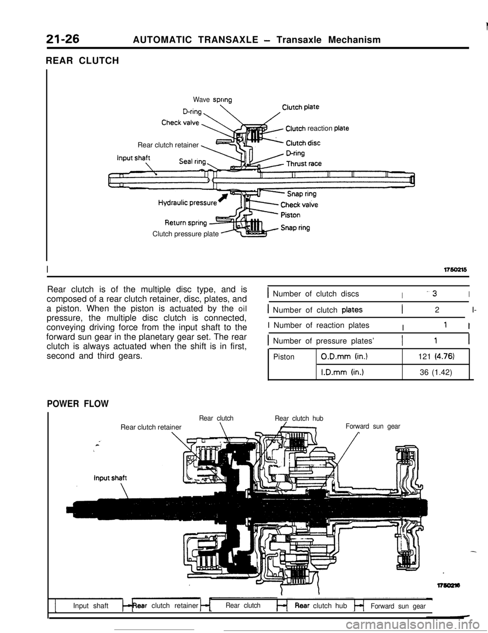 MITSUBISHI ECLIPSE 1990 Service Manual 21-26AUTOMATIC TRANSAXLE - Transaxle Mechanism
REAR CLUTCH
Wave sprmgRear clutch retainer
Clutch reaction piateClutch pressure plate
I1rao2l5Rear clutch is of the multiple disc type, and is
composed o MITSUBISHI ECLIPSE 1990 Service Manual 21-26AUTOMATIC TRANSAXLE - Transaxle Mechanism
REAR CLUTCH
Wave sprmgRear clutch retainer
Clutch reaction piateClutch pressure plate
I1rao2l5Rear clutch is of the multiple disc type, and is
composed o