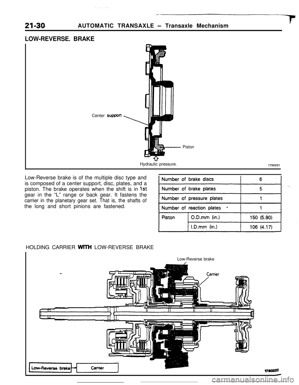MITSUBISHI ECLIPSE 1990 Service Manual 21-30AUTOMATIC TRANSAXLE - Transaxle Mechanism
LOW-REVERSE. BRAKECentersupport
Hydraulic pressure.
Piston1750221
Low-Reverse brake is of the multiple disc type and
is composed of a center support, dis MITSUBISHI ECLIPSE 1990 Service Manual 21-30AUTOMATIC TRANSAXLE - Transaxle Mechanism
LOW-REVERSE. BRAKECentersupport
Hydraulic pressure.
Piston1750221
Low-Reverse brake is of the multiple disc type and
is composed of a center support, dis