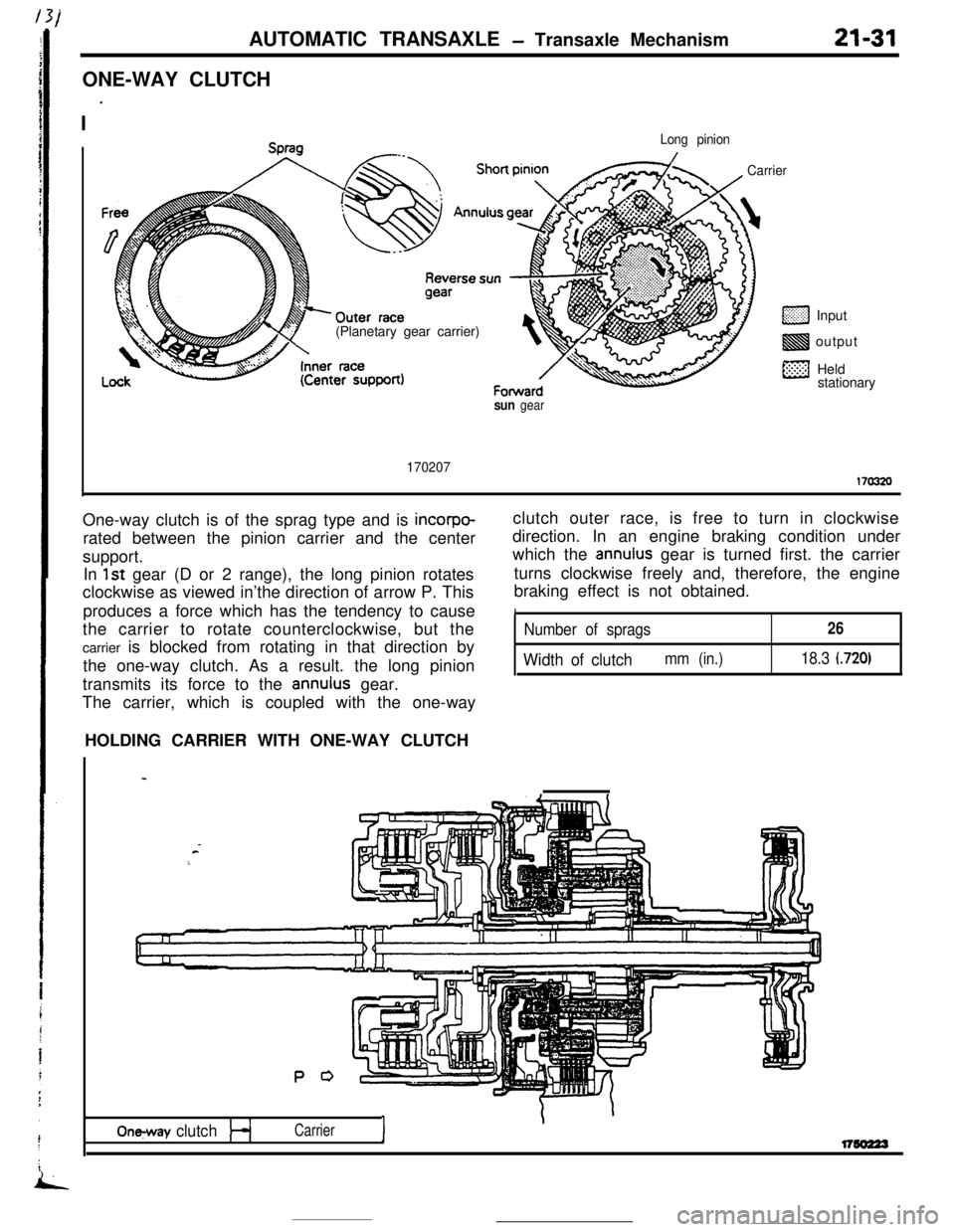 MITSUBISHI ECLIPSE 1990 Service Manual iAUTOMATIC TRANSAXLE
- Transaxle Mechanism
ONE-WAY CLUTCH
I
’
21-31
Long pinion(Planetary gear carrier)
CarrierInput
output
Held
stationary
sun gear
170207170320One-way clutch is of the sprag type MITSUBISHI ECLIPSE 1990 Service Manual iAUTOMATIC TRANSAXLE
- Transaxle Mechanism
ONE-WAY CLUTCH
I
’
21-31
Long pinion(Planetary gear carrier)
CarrierInput
output
Held
stationary
sun gear
170207170320One-way clutch is of the sprag type