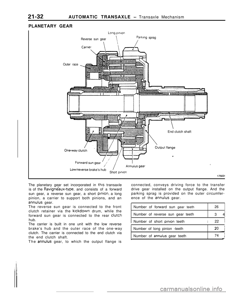 MITSUBISHI ECLIPSE 1990 Service Manual 21-32AUTOMATIC TRANSAXLE - Transaxle Mechanism
PLANETARY GEAR
-.., ‘~ ~,.~.“.,
Reverse sun gear\ParkIng sprag
Carrier\
I\
i
\
Outer race.-End clutch shaftLow/reverse brake’s hub
Short pmlon17502 MITSUBISHI ECLIPSE 1990 Service Manual 21-32AUTOMATIC TRANSAXLE - Transaxle Mechanism
PLANETARY GEAR
-.., ‘~ ~,.~.“.,
Reverse sun gear\ParkIng sprag
Carrier\
I\
i
\
Outer race.-End clutch shaftLow/reverse brake’s hub
Short pmlon17502