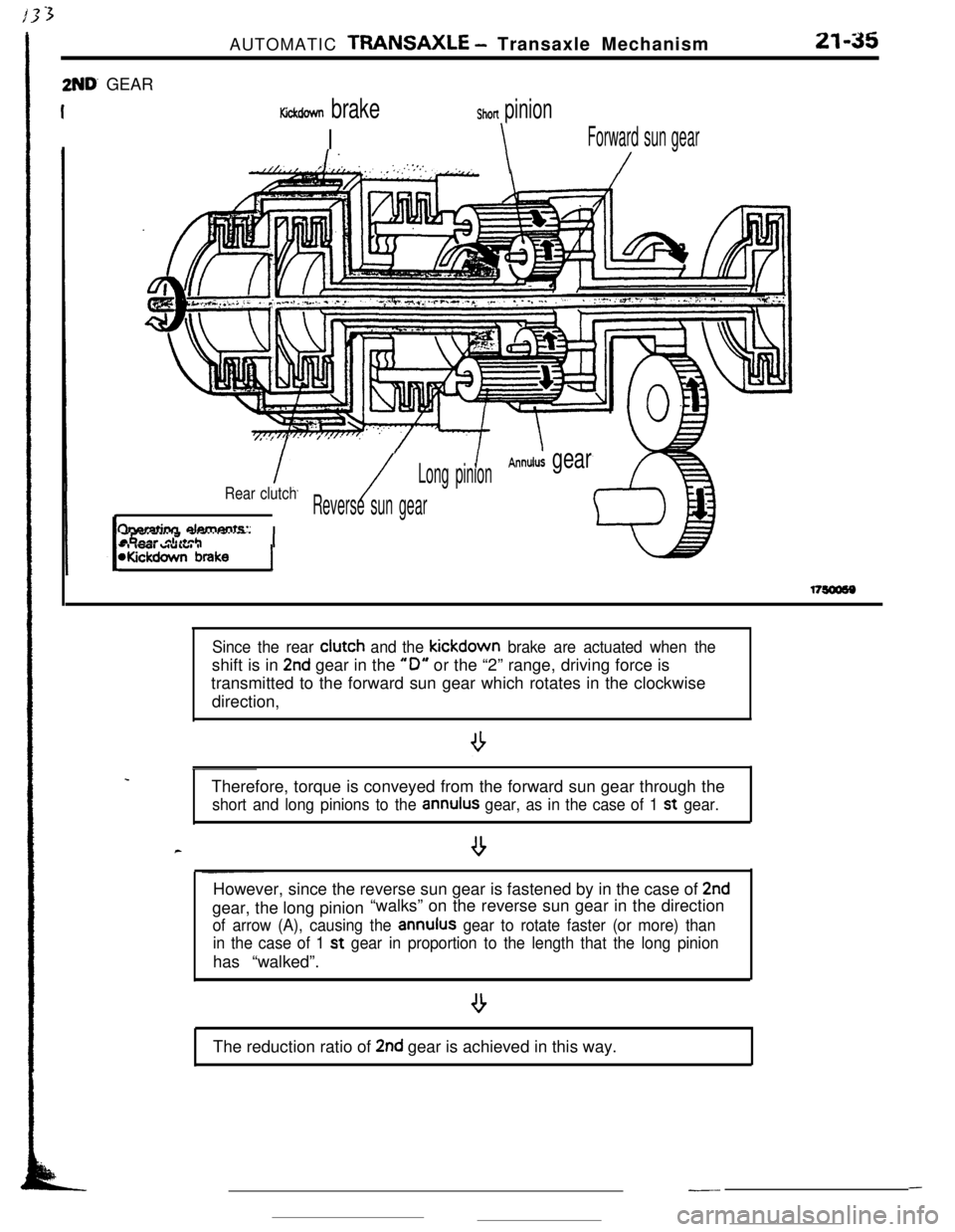 MITSUBISHI ECLIPSE 1990 Service Manual 2ND’ GEARAUTOMATIC
TRANSAXLE - Transaxle Mechanism21-35
Kickdown brake
I
Shon pinion
\Forward sun gear
1.//LT.//. , ,’ .‘,,i.:,;:.:‘.,.‘,\/
/
Annulus gearLong pinion
Rear clutch/Reverse sun MITSUBISHI ECLIPSE 1990 Service Manual 2ND’ GEARAUTOMATIC
TRANSAXLE - Transaxle Mechanism21-35
Kickdown brake
I
Shon pinion
\Forward sun gear
1.//LT.//. , ,’ .‘,,i.:,;:.:‘.,.‘,\/
/
Annulus gearLong pinion
Rear clutch/Reverse sun