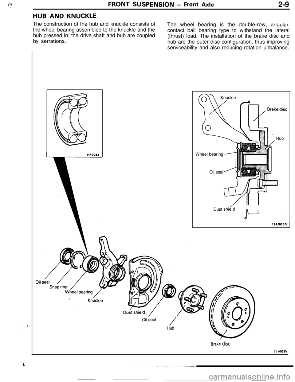 MITSUBISHI ECLIPSE 1990 Owners Manual FRONT SUSPENSION - Front Axle2-9
HUB AND KNUCKLEThe construction of the hub and knuckle consists of
The wheel bearing is the double-row,
angular-the wheel bearing assembled to the knuckle and the
con MITSUBISHI ECLIPSE 1990 Owners Manual FRONT SUSPENSION - Front Axle2-9
HUB AND KNUCKLEThe construction of the hub and knuckle consists of
The wheel bearing is the double-row,
angular-the wheel bearing assembled to the knuckle and the
con